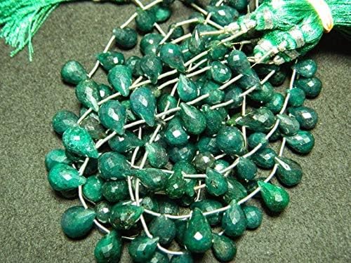 green corundum briolette lot, emerald beads, faceted tear drop beads, 6x10mm to 10x15mm each, 5 strands