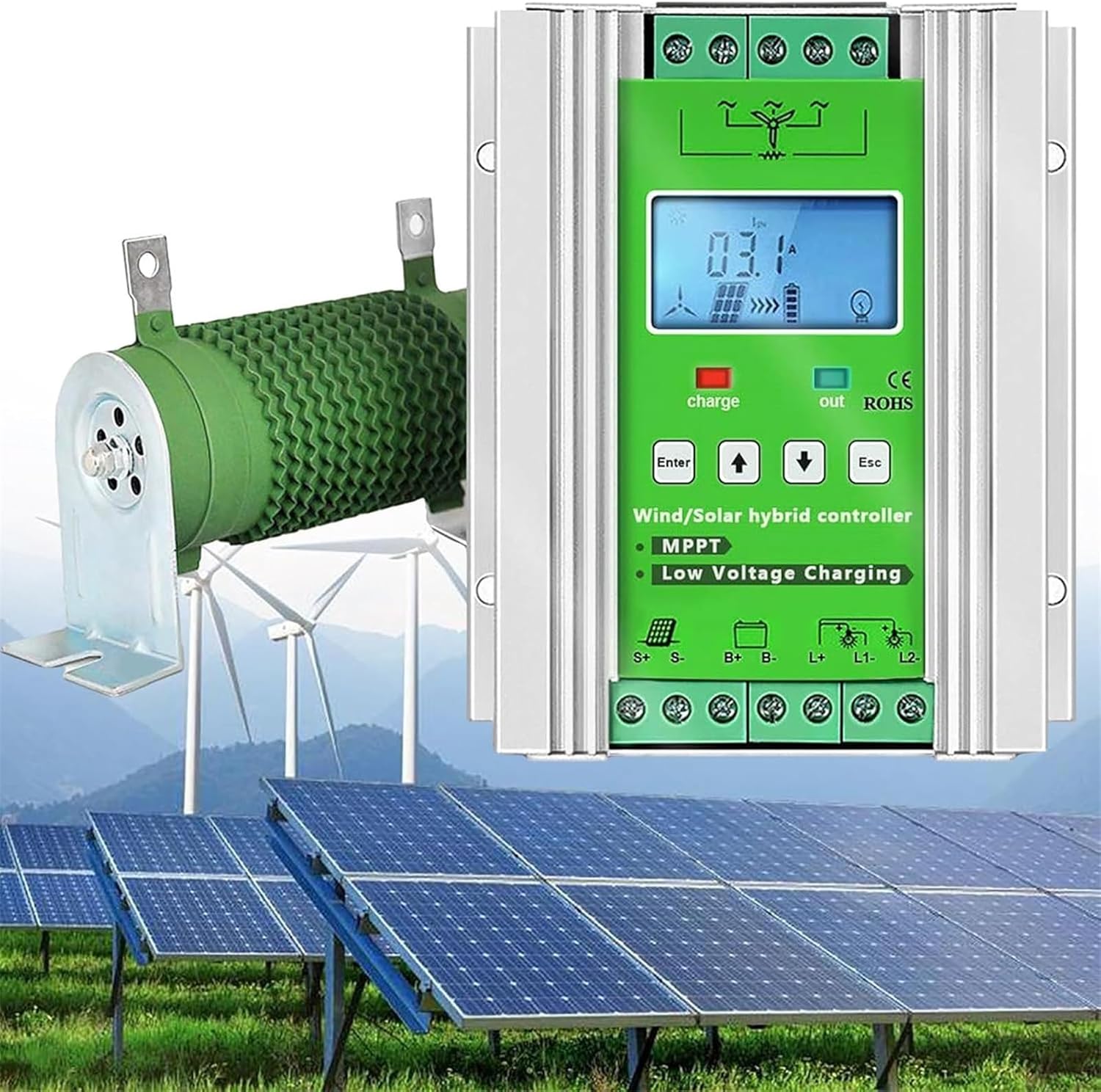 Wind Solar Hybrid Charge Controller with LCD Screen, 3000W-12000W 12V/24V/48V Auto Distinguish Off Grid Mppt Wind Turbine Solar Charge Controller (10000w 12V/24V)