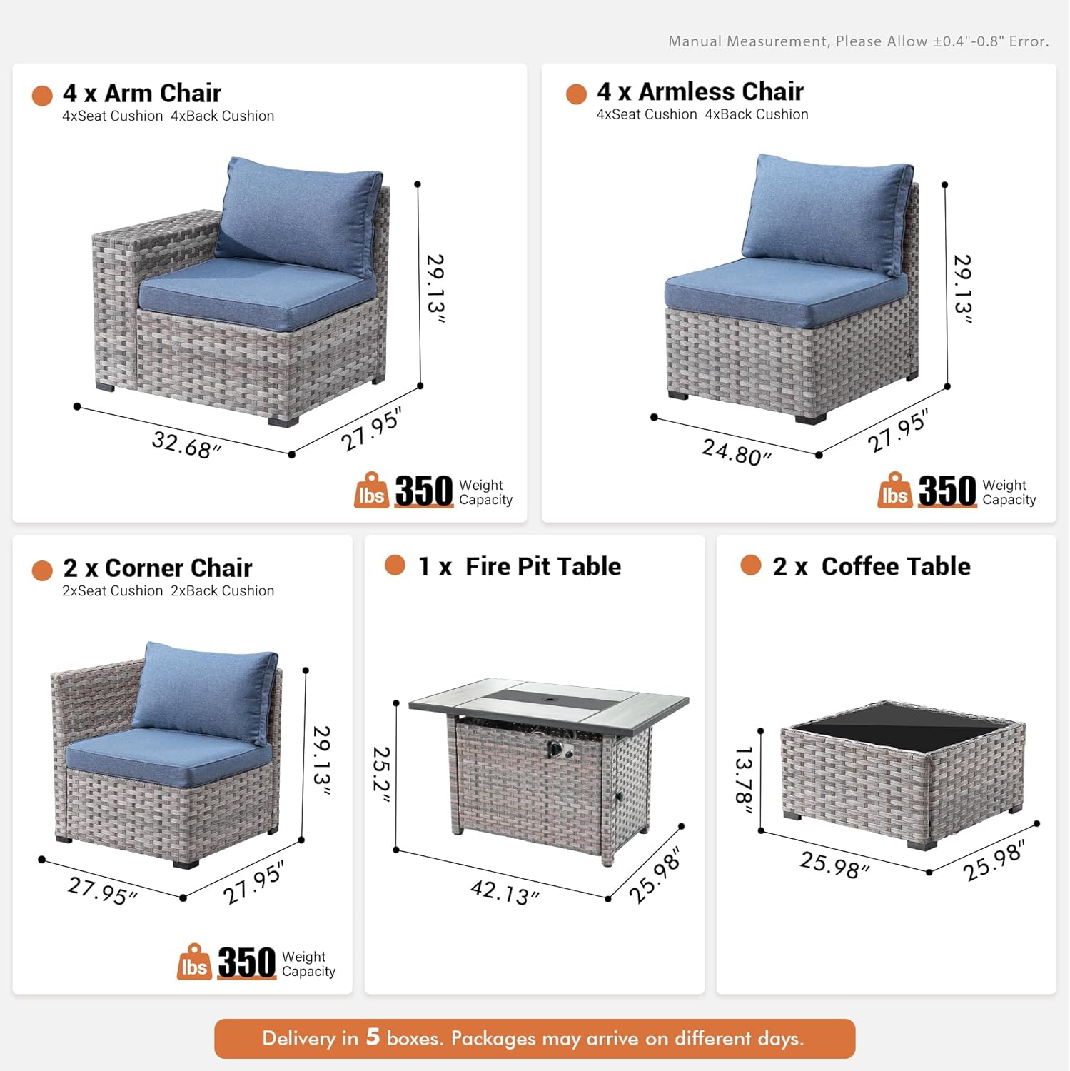 Outdoor Patio Furniture Set,Outdoor Wicker Patio Sectional Furniture Sets,All-Weather Rattan Sectional Sofa Chairs Conversation Set (Denim Blue, 13 PCS w/ 42