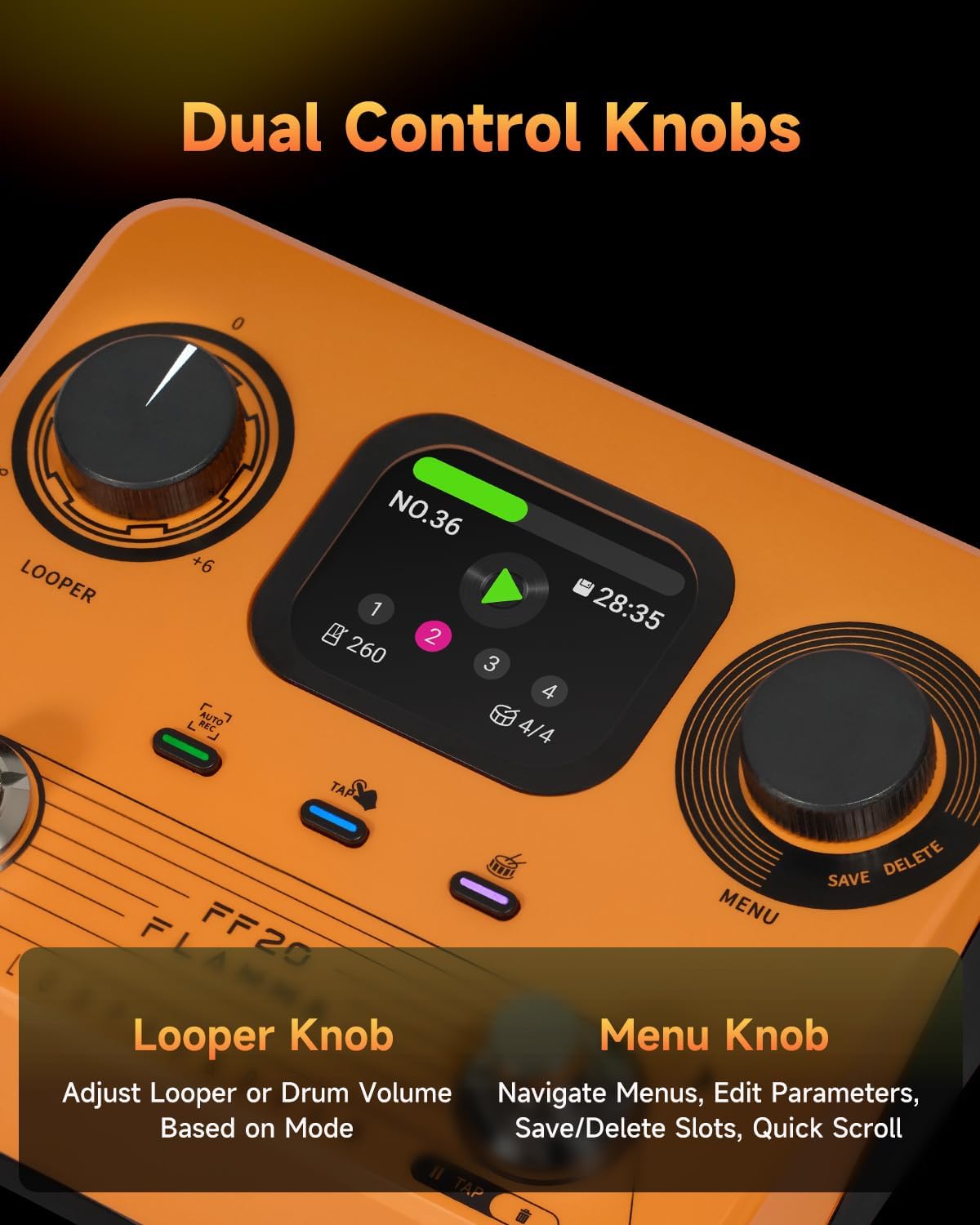 FLAMMA FF20 Looper Pedal Drum Machine, Drum Looper Guitar Pedal with Screen, 300 Min Recording, 220 Drum Grooves, 100 Loop Slots, Time Stretch, Auto Record, USB & Headphone Out, for Guitar and Bass