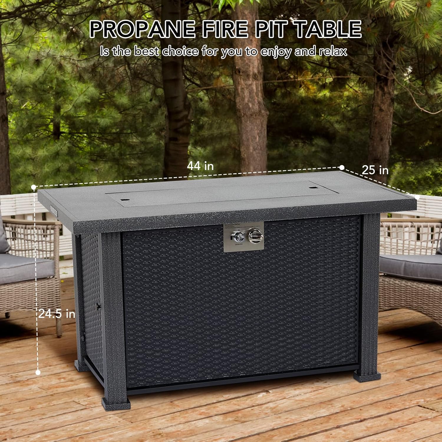 44 Inch Propane Fire Pit Table, 50000BTU Rectangle Fire Table with Cover & Rain Cover, Sturdy Steel and Iron Fence Surface, CSA Safety Certified, Companion for Your Garden
