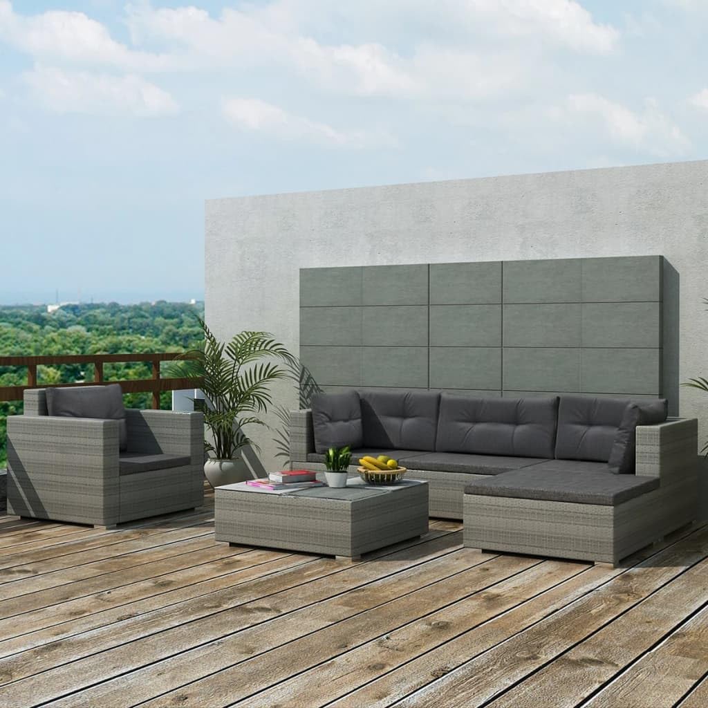 Patio Set 6 Piece Patio Lounge Set with Cushions Poly Rattan Gray