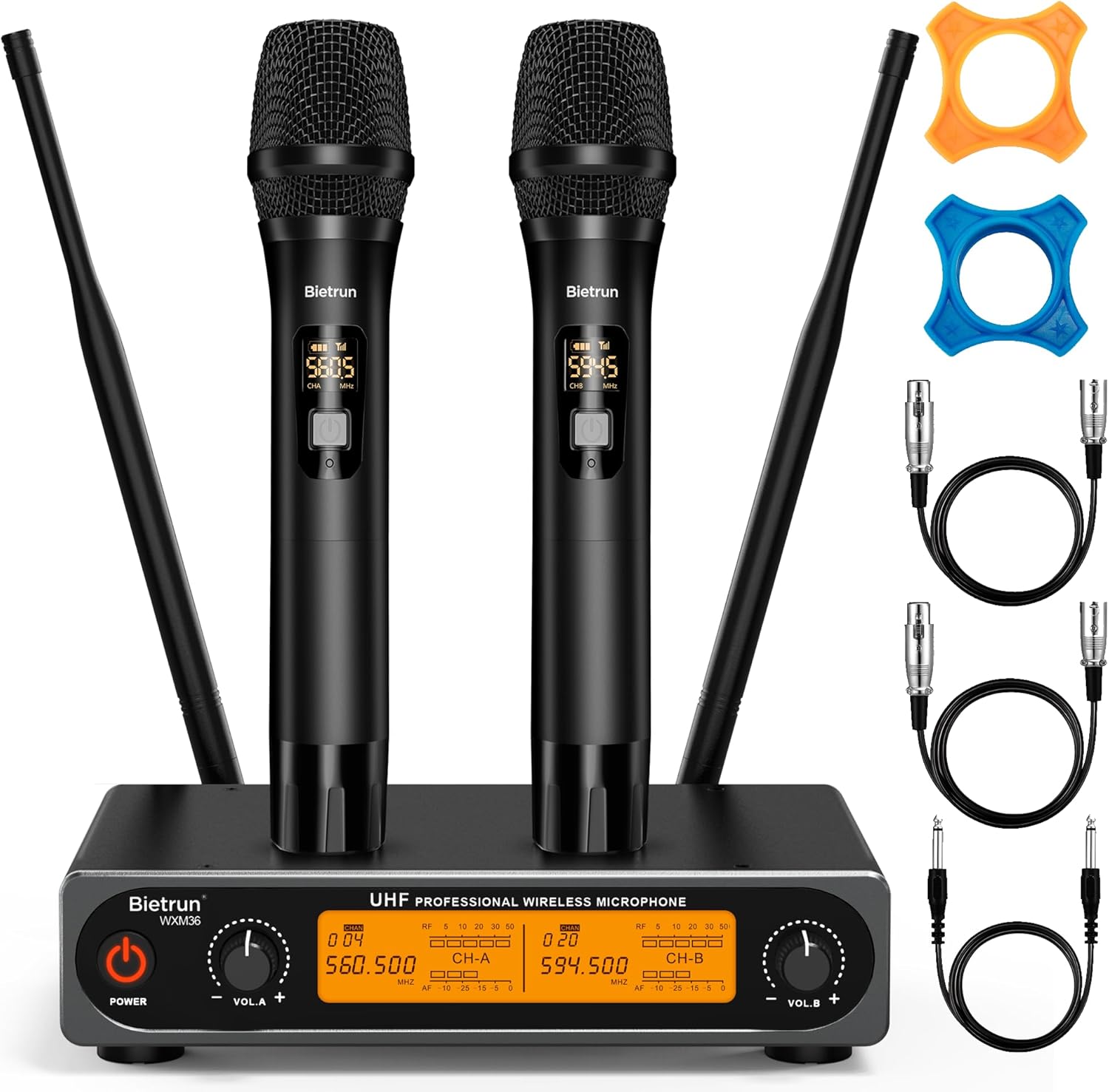 Bietrun Wireless XLR Microphone System, 165 ft Range, Professional UHF Dual Metal Cordless Dynamic Handheld Microphone with XLR Cable for Audio Mixer, Amplifier, Karaoke, Church, Speech, Wedding