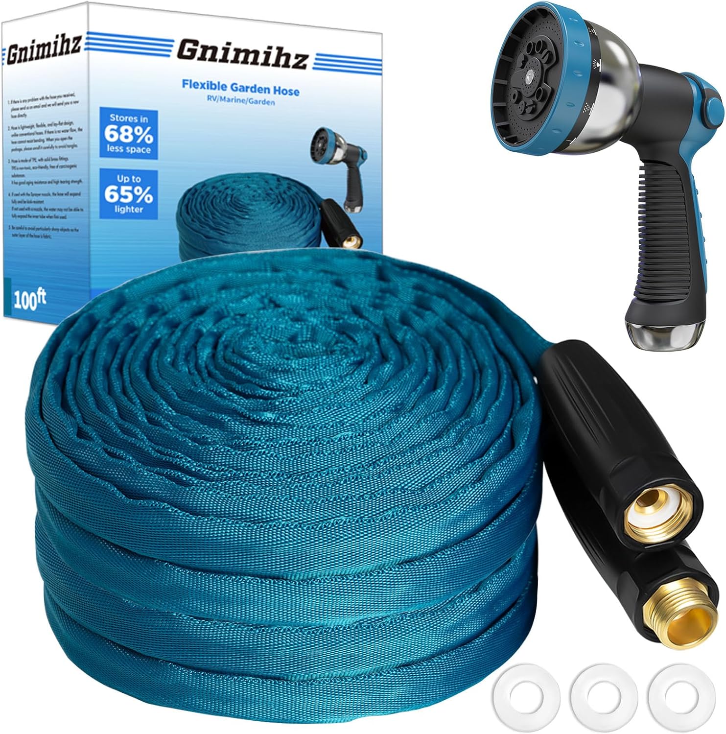 Garden Hose 100ft, Made of TPE(Not PVC), Ultra-Light & Flexible Water Hose with Solid Brass Fittings, Non-Shrinking, Easy to Storage, Drinking Water Safe Material, All-weather, SeaBlue