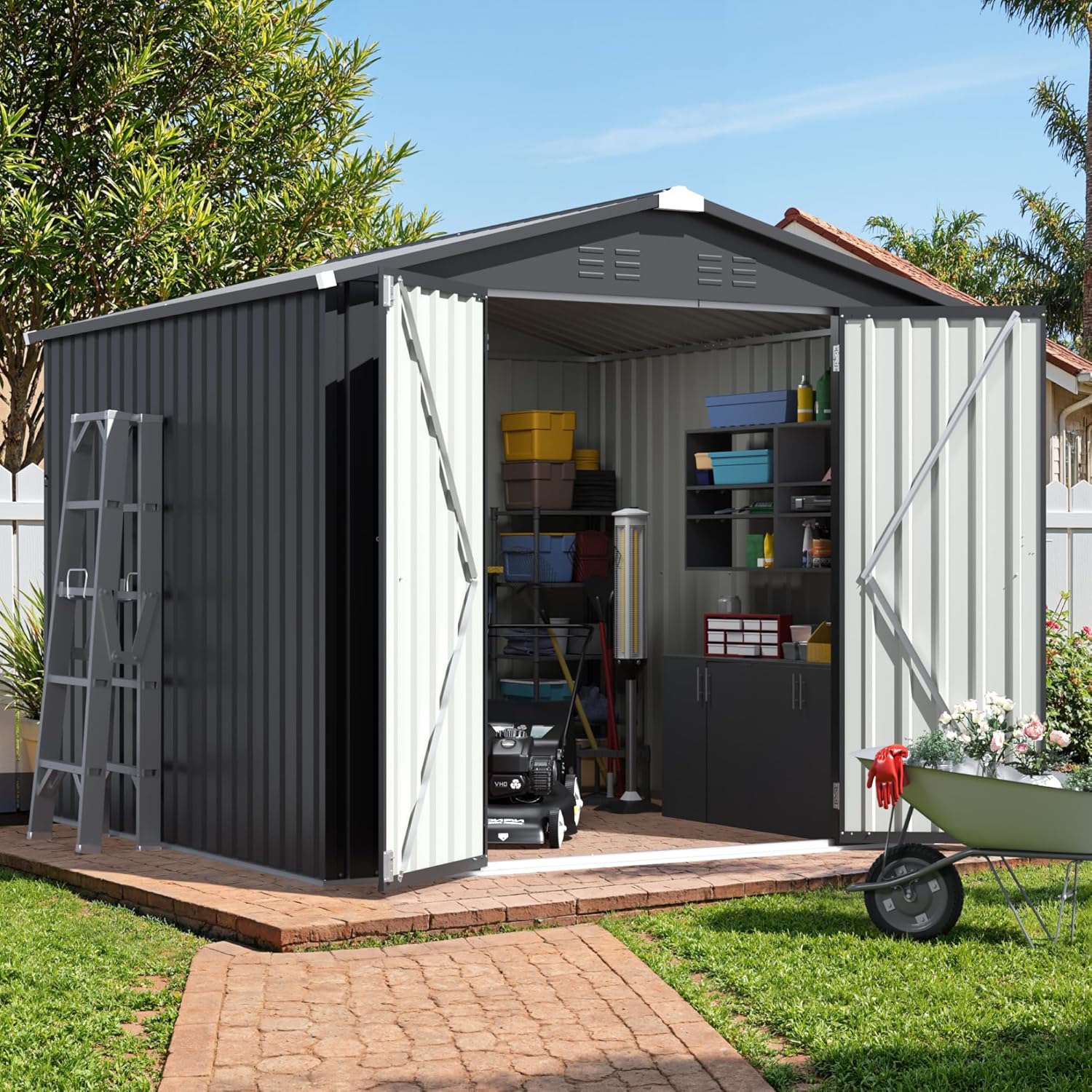JUMMICO 8x8 FT Outdoor Storage Shed, Heavy Duty Tool Metal Sheds with Lockable Doors and Updated Frame Structure for Backyard Patio Lawn, Black