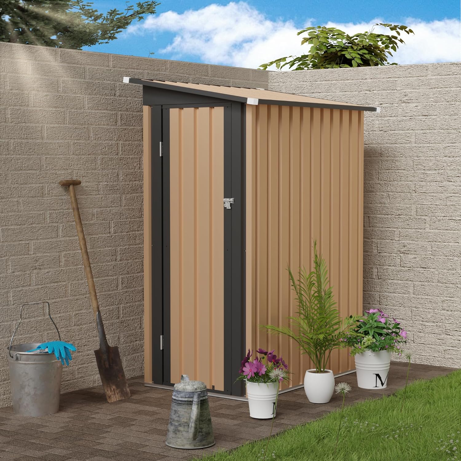 Metal Outdoor Storage Shed Waterproof Garden Tool Bike Sheds Kit Lean to Backyard Storage Building Cabinet House,4.27x2.42 FT Brown