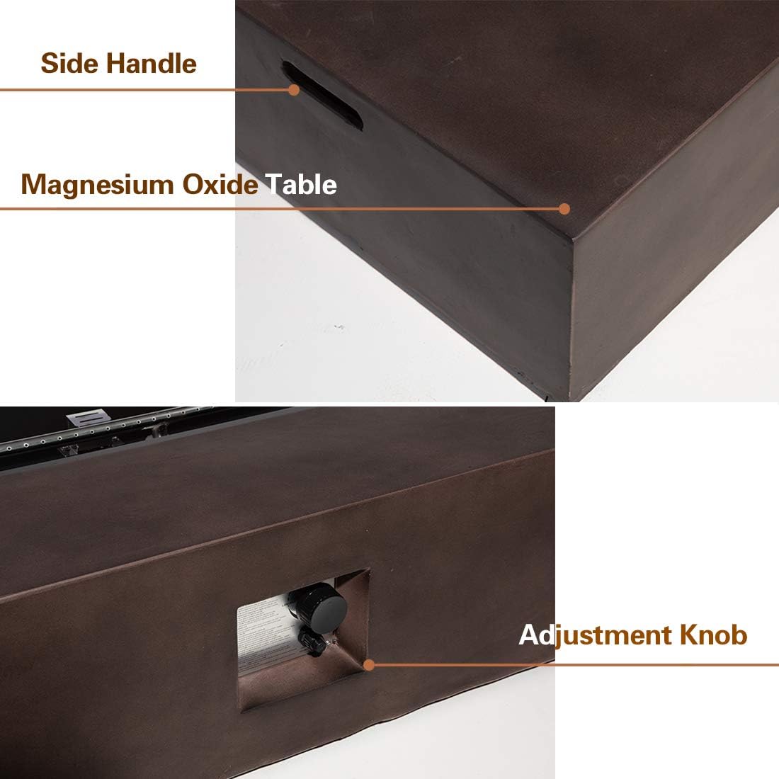 AQUILLA Propane Fire Pit, Smokeless w Tank Cover Table 3 Pieces, Rectangular Brown Color 50000 BTU Burner w Glass Wind Guard, Free Lava Rock for Poolside, Porch, Garden