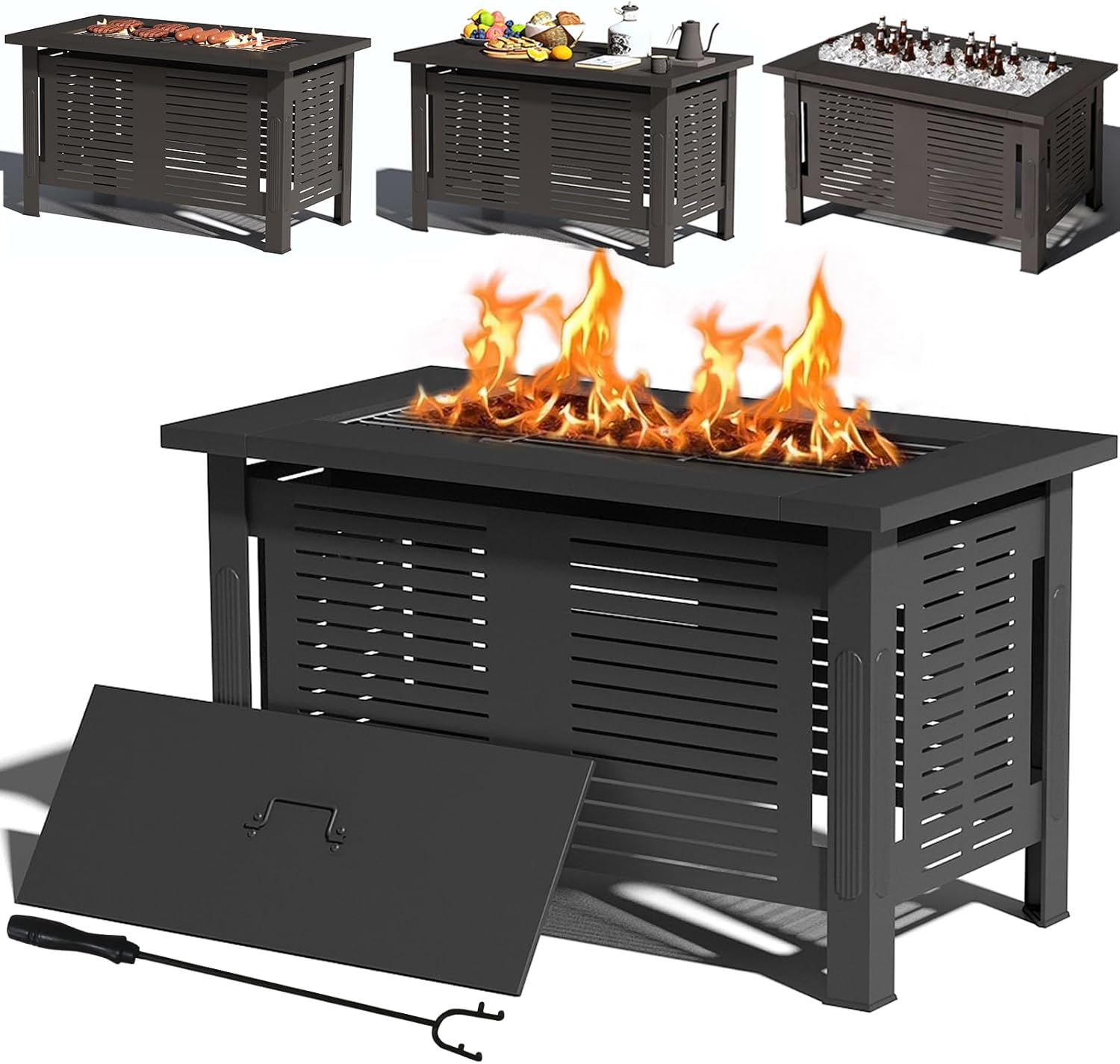 U-MAX Fire Pit Table, 43 Inch Wood Burning BBQ Grill Firepits, Metal Fireplaces with Waterproof Cover, 3 in 1 Fire Pits for Outside Party Barbecue Camping Picnic on Deck Backyard Garden, Black