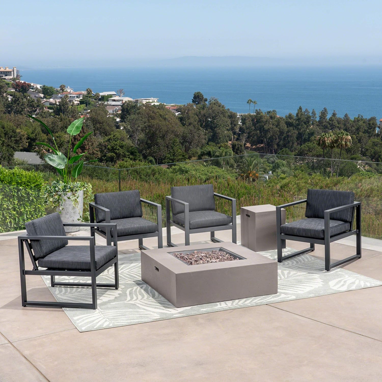 GDFStudio Outdoor 4-Seater Aluminum Chat Set with Fire Pit, Black and Dark Gray and Light Gray