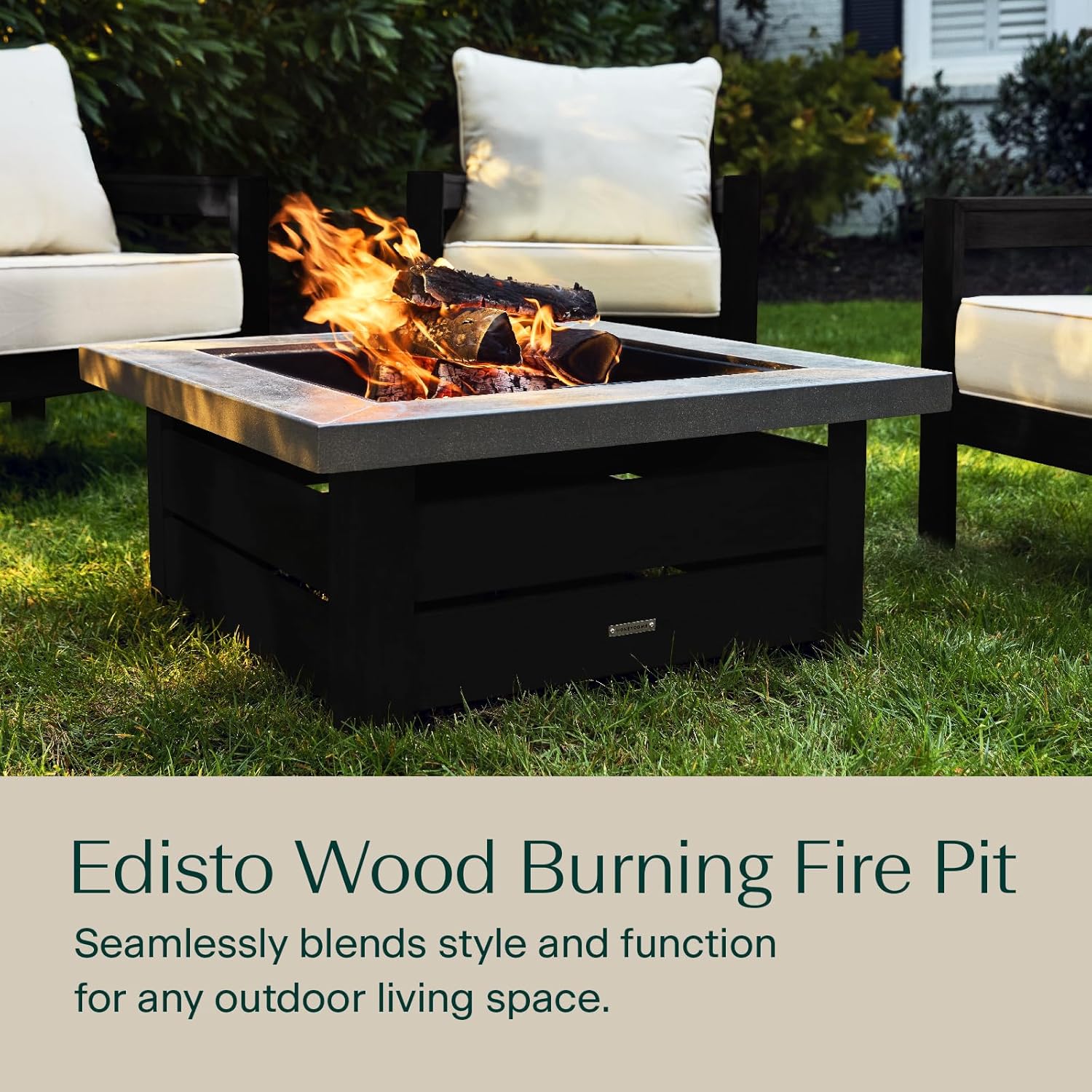 Honeycomb Outdoor Edisto Wood Burning Fire Pit with Cover and Poker, Matte Black Frame, Ceramic Tile Tabletop