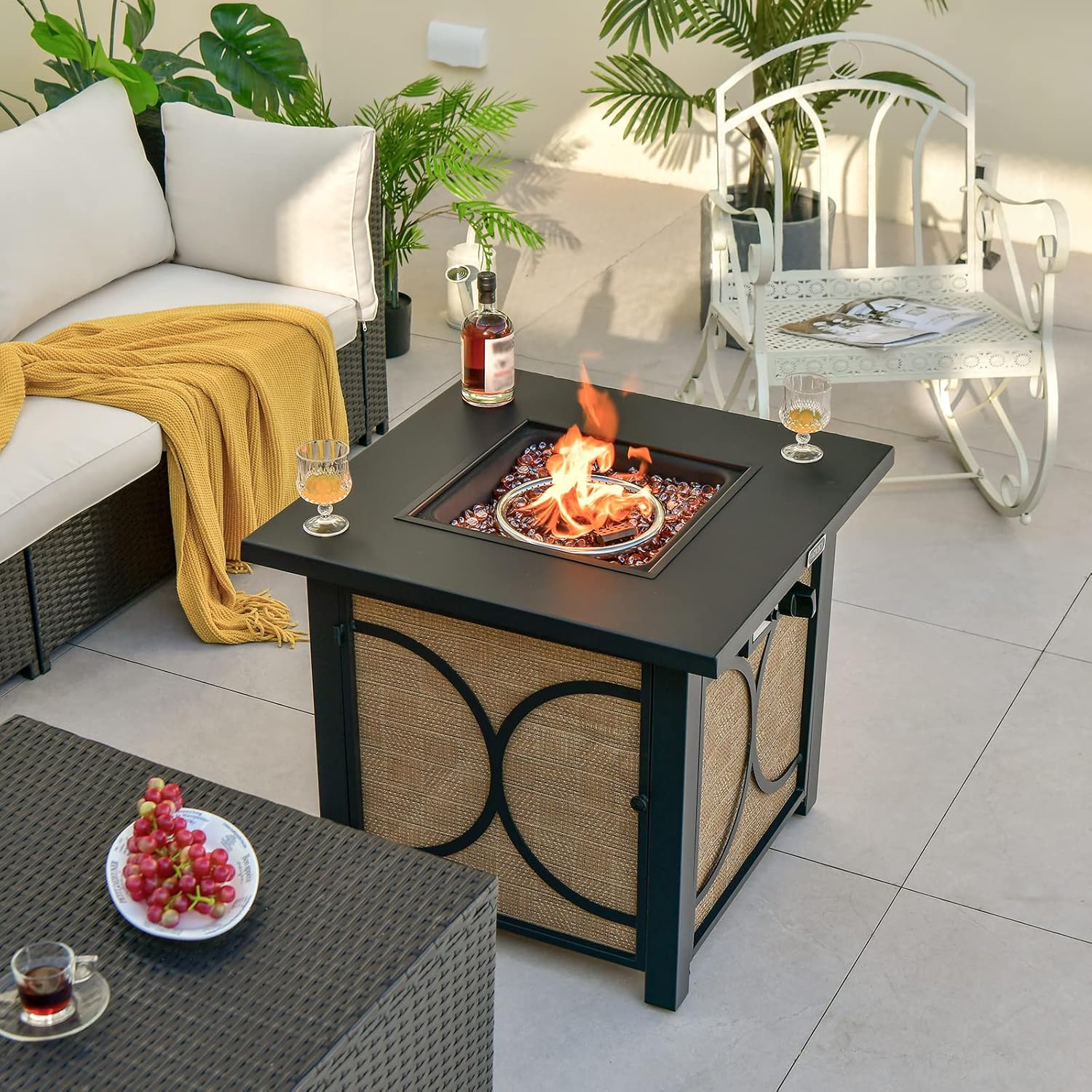 Tangkula 28 Inch Outdoor Square Fire Pit Table, Patiojoy 50,000 BTU Propane Gas Fire Table with Fire Glasses & PVC Protective Cover, Easy Ignition System, Patio Fire Table for Backyard, Poolside
