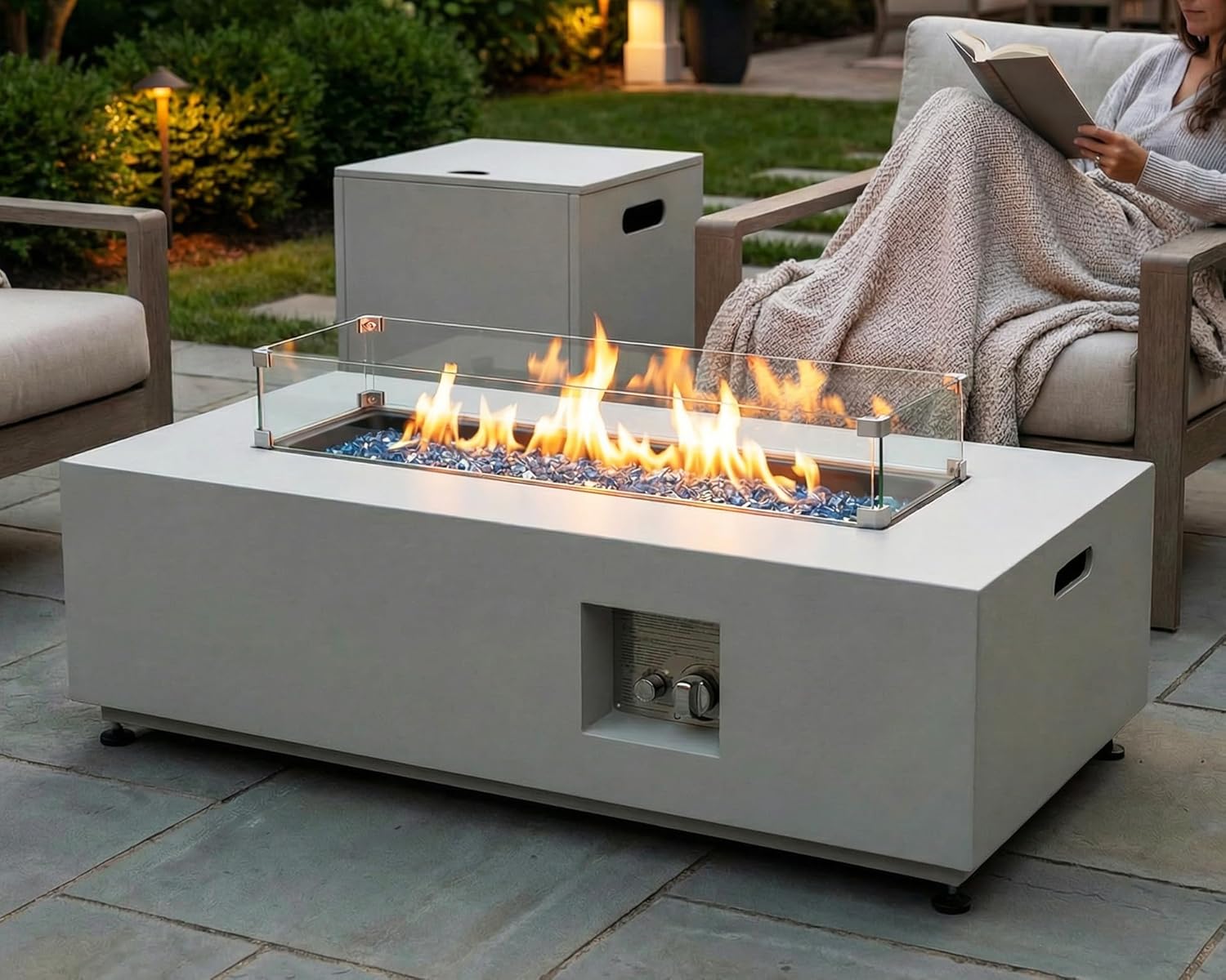 NICESOUL 42'' Outdoor Rectangle Fire Pit Table, Modern Low Profile Patio Firepits with Tank Table, 50,000 BTU Firepit Table for Outside, Exterior, Porch, Backyard or Garden, No Assembly, Grayish white