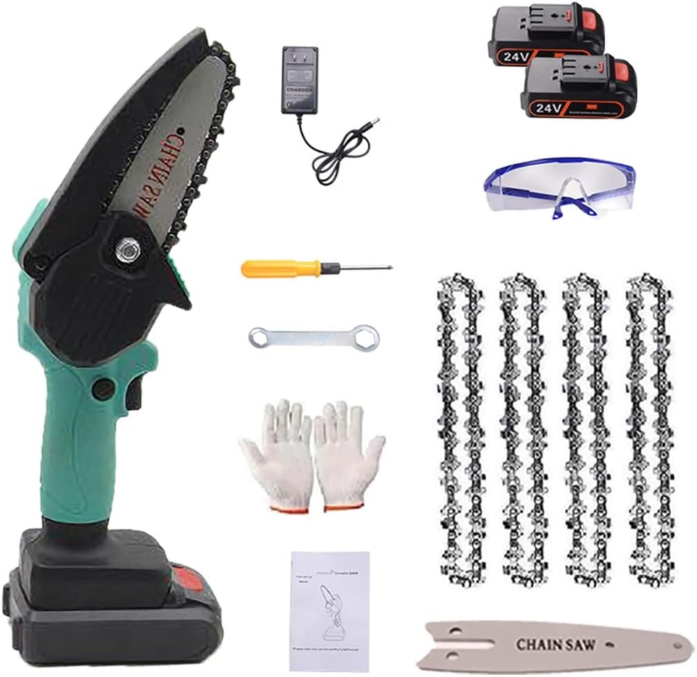Mini Chainsaw, 4-Inch Battery Powered Cordless Chainsaw, Portable One-Handed Rechargeable Electric Chainsaw for Tree Trimming Branch Wood Cutting (Color : Blue, Battery *1 : 4*Chain)