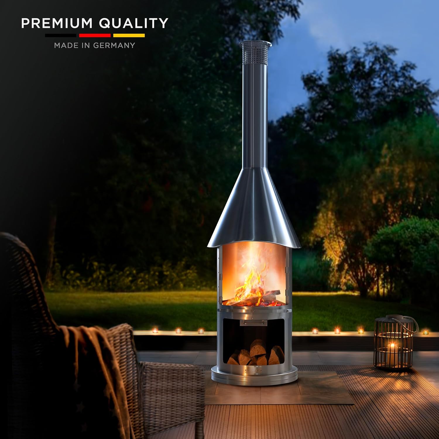 Twin-Walled Chimenea, Modern Stainless Steel Chimenea Fireplace with Wood Storage and Chimney, Outdoor Wood Burning Chiminea with Grill and Spark Screen for Patio and Backyard, 90.6” H