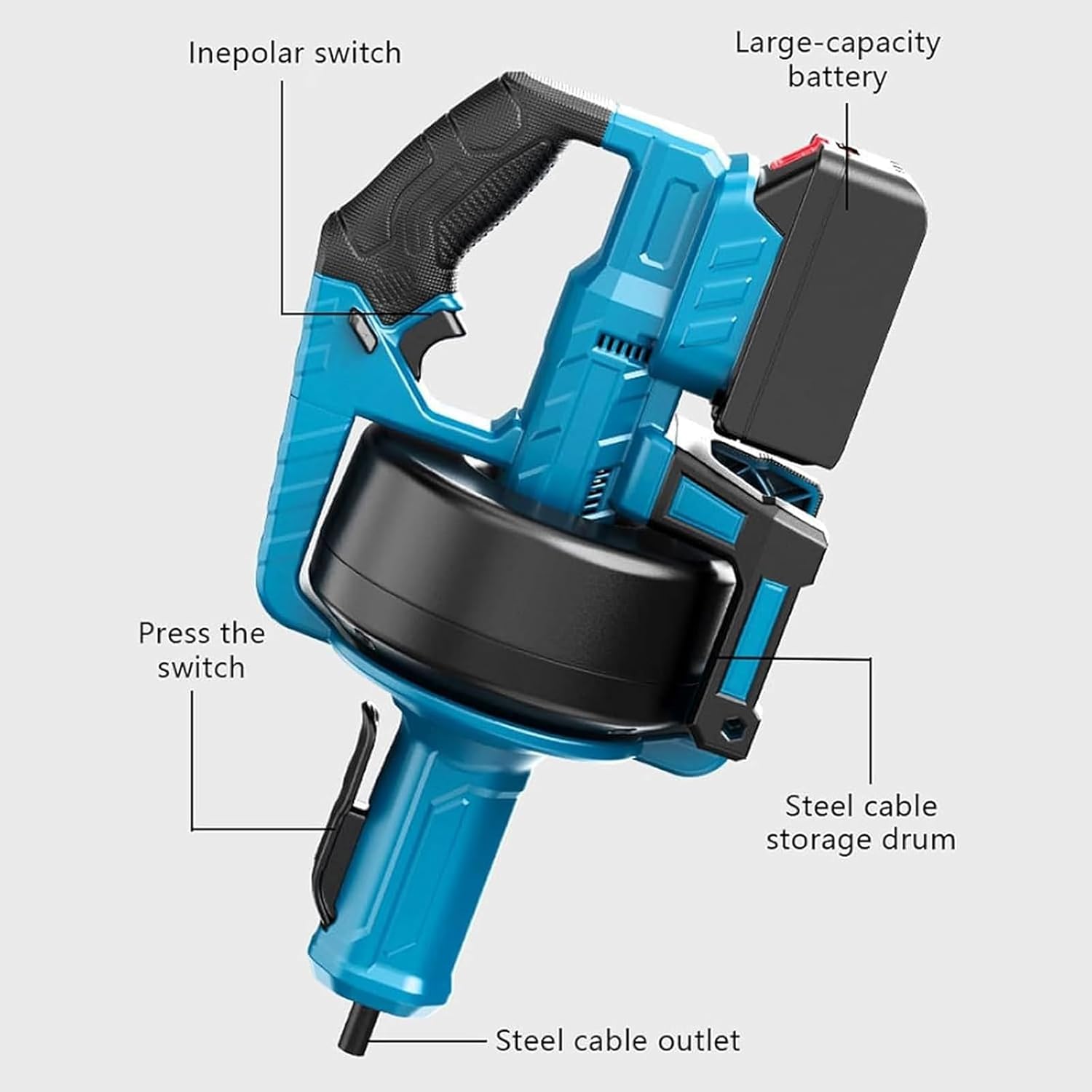 Handheld Electric Pipeline Dredging Machine, Portable Drain Cleaner, Toilet Kitchen Pipe Cleaner, 3/4-inch - 2-inch Pipes, with 2 Lithium Batteries, Rubber Base, for Toilet, Sink, Floor Drain