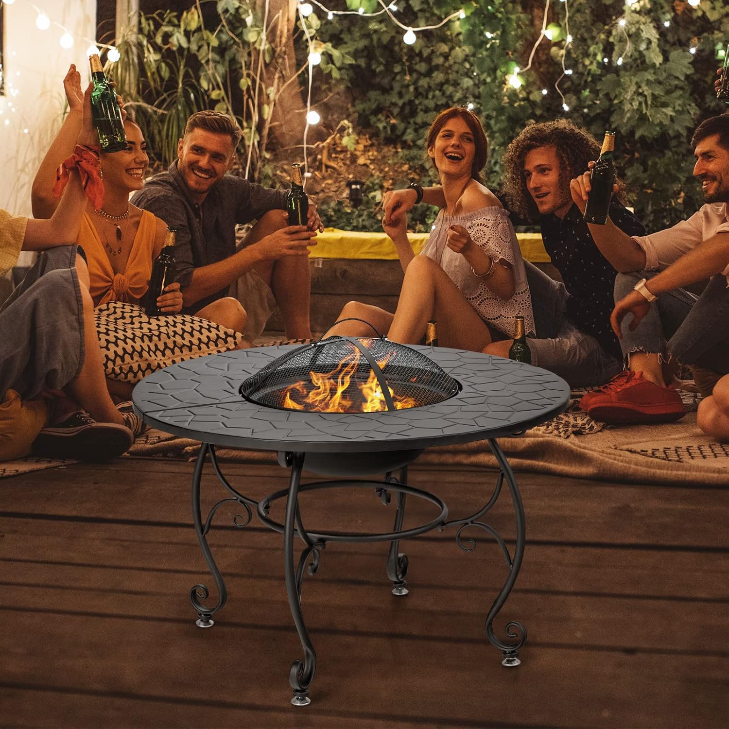 Tangkula Outdoor Fire Pit Table, 4 in 1 36 Inch Round BBQ Garden Fire Bowl with Lid, Bonfire Wood Burning Fire Pit for Outside Backyard Deck Patio, Includes Cooking Grate, Log Grate and Fire Poker