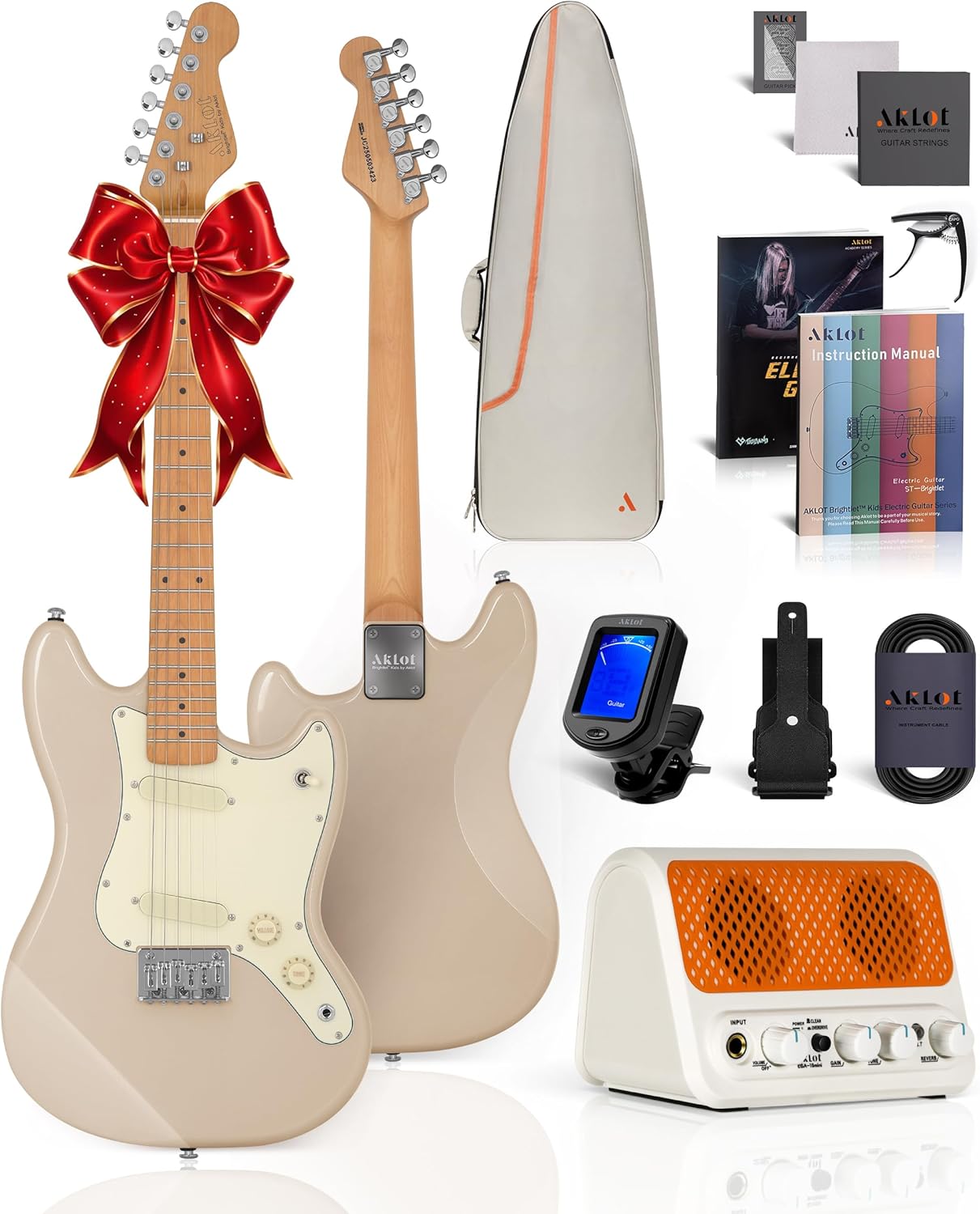 AKLOT 36-inch Kids Electric Guitar: 3/4 Size Mini Electric Guitar Kit with Solid Body, 1.5 In Neck Width for Beginners, 10W Amp, Gig Bag, String, Strap, Cable, Picks,Lesson Book (SugarBlush Cream)