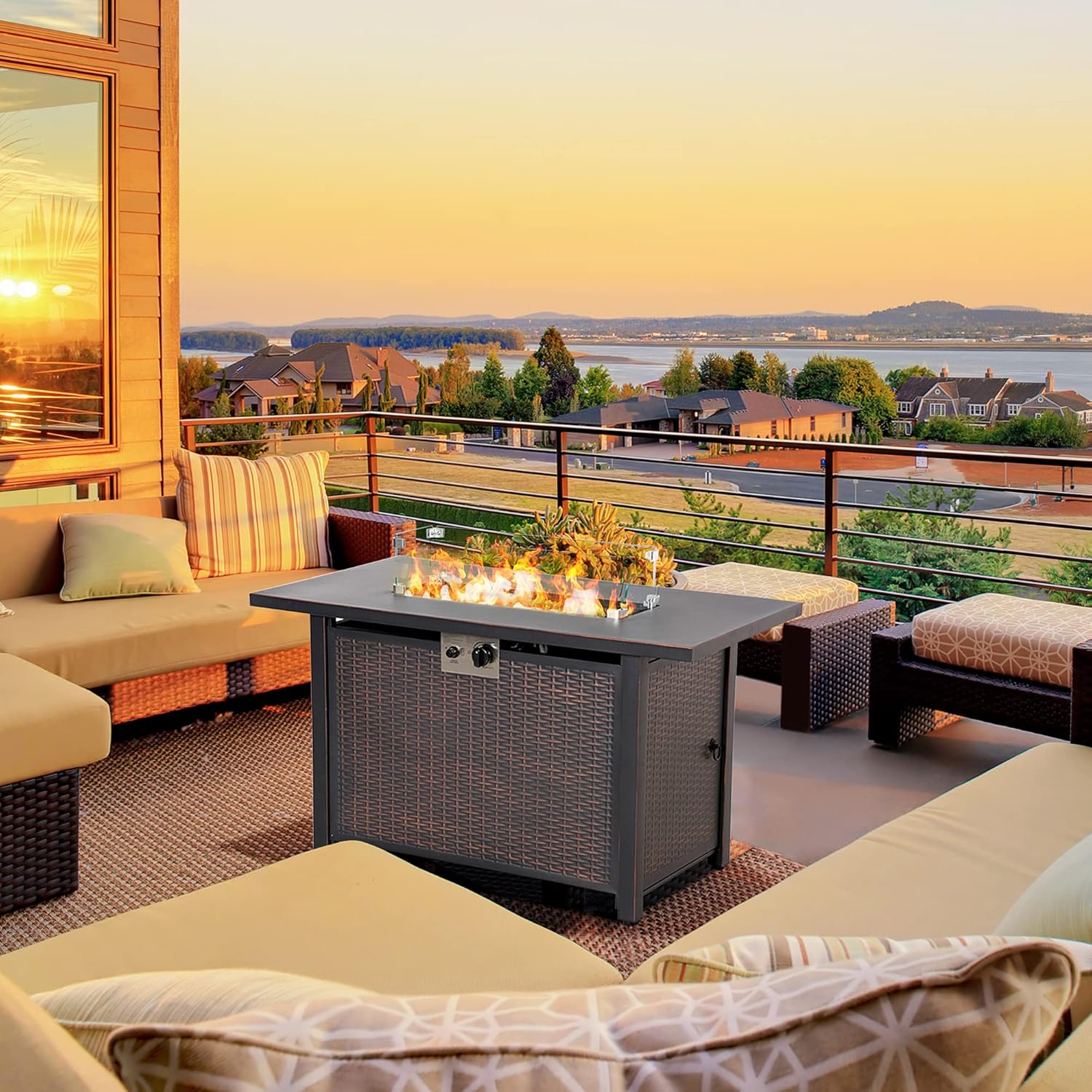 Outsunny 43 Inch Outdoor Propane Gas Fire Pit Table, 50,000 BTU Auto-Ignition Rectangular Wicker-Effect Gas Firepit with Glass Wind Guard, Lid, Glass Beads, Steel Base, CSA Certification, Bronze