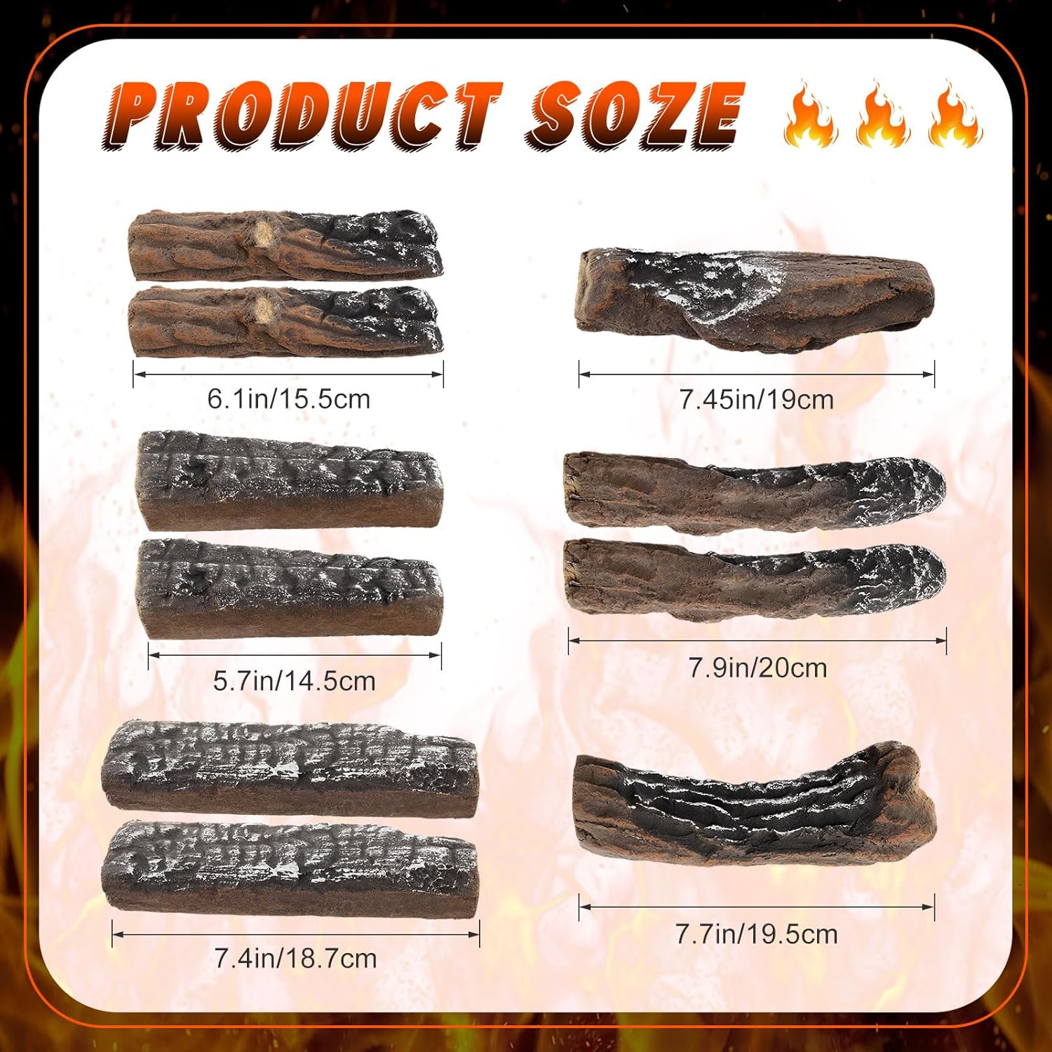 Sasylvia 12 Pcs Ceramic Logs Fireplaces Grate and 10 Lbs 0.8-1.6'' Lava Rocks for All Types of Gas Inserts, Ventless, Gel, Propane, Ethanol, Indoor or Outdoor Fireplaces Fire Pits Decorative