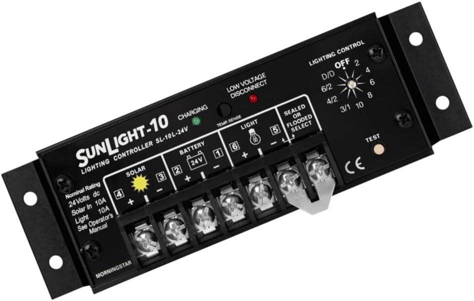Morningstar Sunlight 10A Solar Charge Controller (SL-10L-24V) - Solar Panel Regulator for 24 Volt Batteries, Lighting Ctrl, Easy Setup, Corrosion Resistant Terminals, 5 Year WTY - Designed in The USA