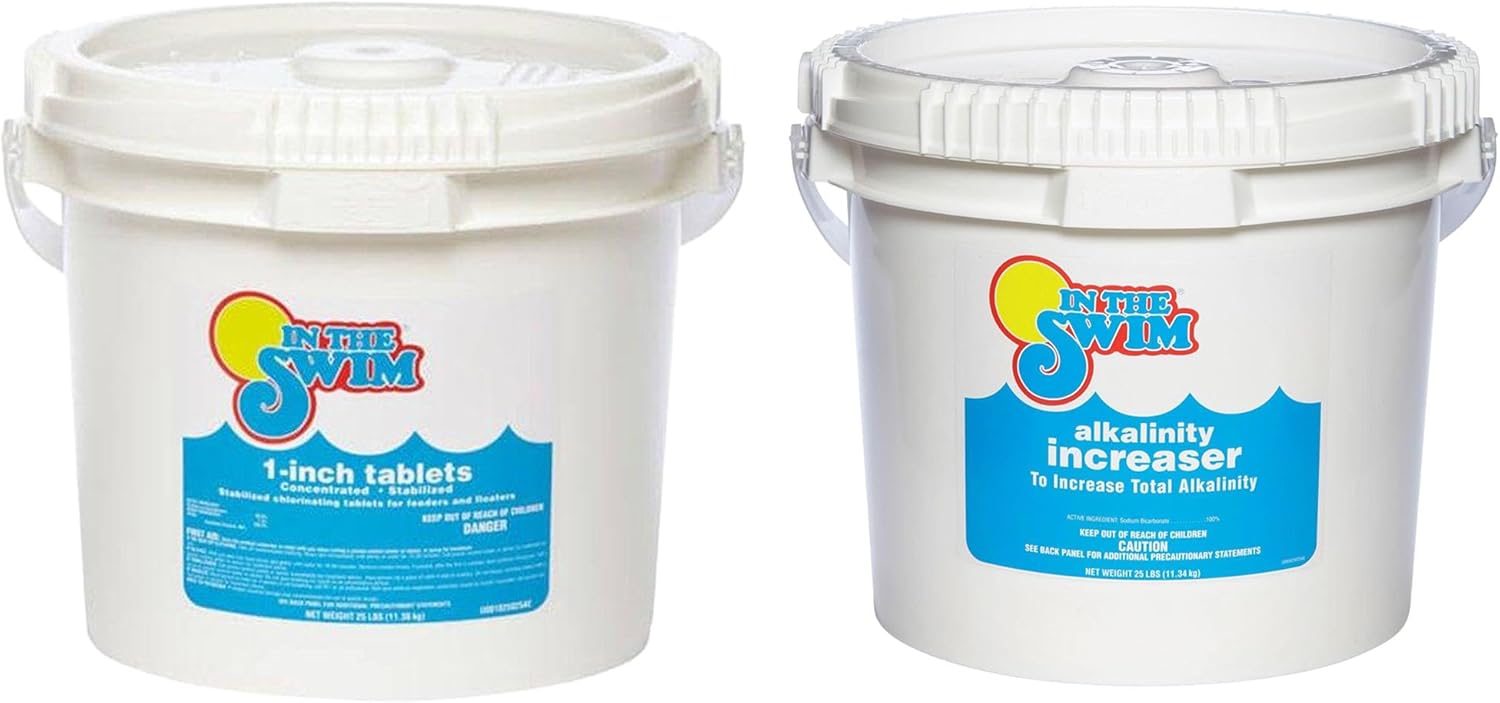 In The Swim Chlorine and Alkalinity Bundle for Swimming Pools – Includes 25 Pound Bucket of 1 Inch Chlorine Tablets and 25 Bucket of Alkalinity Increaser