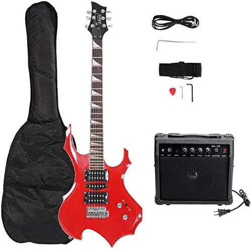 Electric Guitar Buring Flame Design HSH Pickup for Beginner Right Hand with 20W AMP, Cable, Strap, Bag, Tremolo Arm and Accessories (Red)