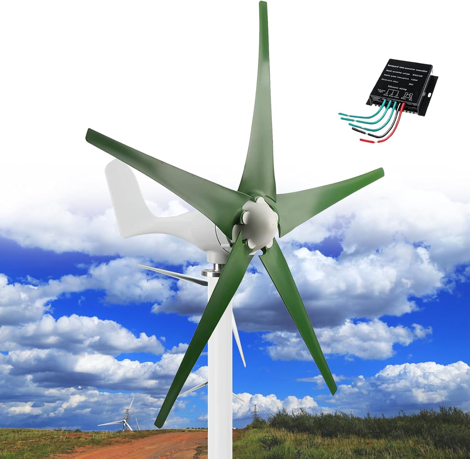 12000W Wind Turbine Generator, Windmill Generator 12V/24V/48V Wind Turbine 5 Blade Wind with MPPT Controller, 3 Phase AC Generator Turbine Kit for Boats, Terraces, Cabins or Home,Green48V