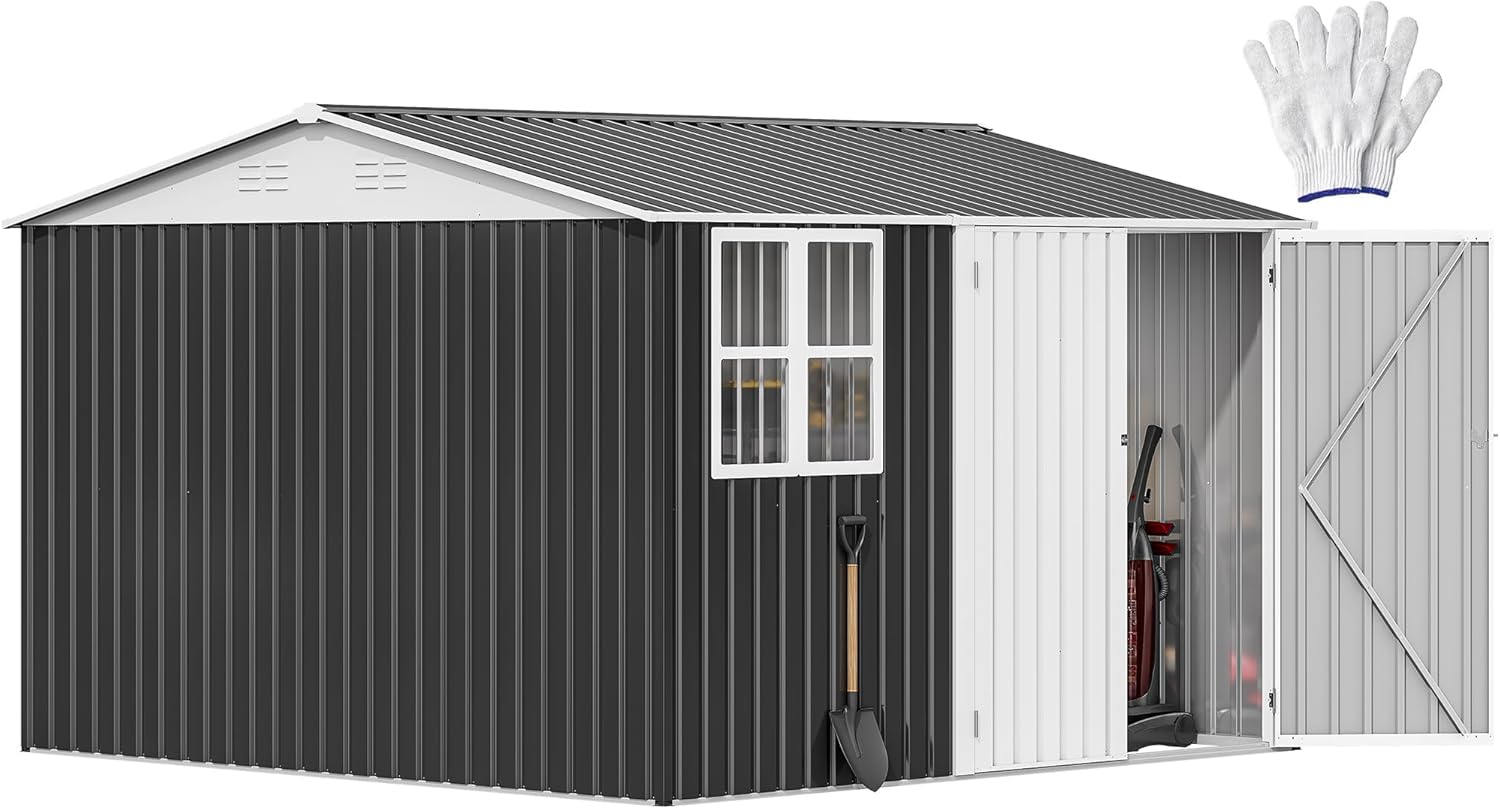DWVO 10' x 10' Outdoor Storage Shed, Waterproof Metal Garden Shed with Windows, Lockable Doors, and Sloped Roof for Patio, Backyard, Lawn, Tool Storage, Bike Shed, Pet Shelter (Gray + White)