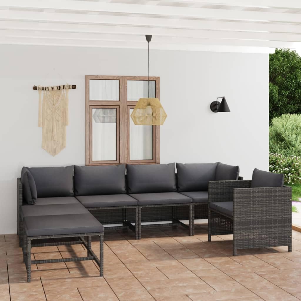 7 Piece Patio Lounge Set with Cushions Poly Rattan Gray,Versatile Modular Rattan Lounge Set for Ultimate Comfort and Style Furniture Sets for Patio, Lawn & Garden
