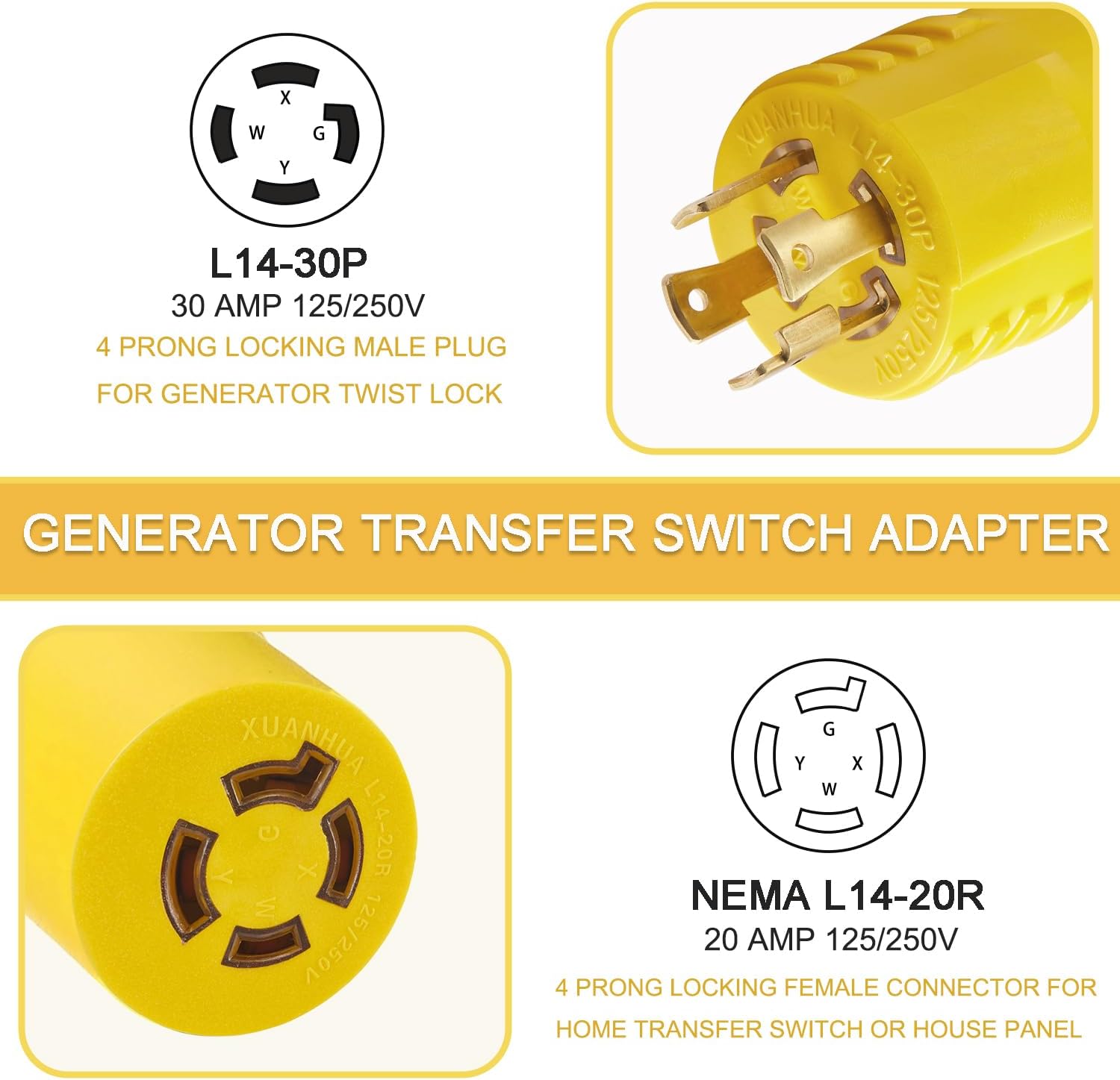 10 FT NEMA 14-50P to L14-30R Generator Transfer Switch Adapter Cord and Generator Adapter NEMA L14-30P to L14-20R