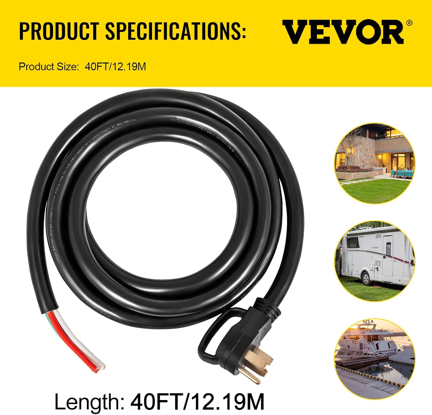 VEVOR 40 FT 50 Amp Generator Extension Cord 6 Gauge STW 6/3+8/1 RV Power Cord N14-50P to Bare Wire, Cut Wire for Trailer Motor Campers Home Generator