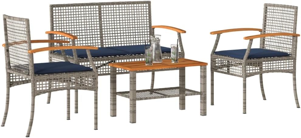 Patio Lounge Set, Grey PE Rattan, Solid Acacia Wood Frame, 4-Piece Standard Outdoor Furniture for Balcony, Garden, UV-Resistant Materials, Modern Design