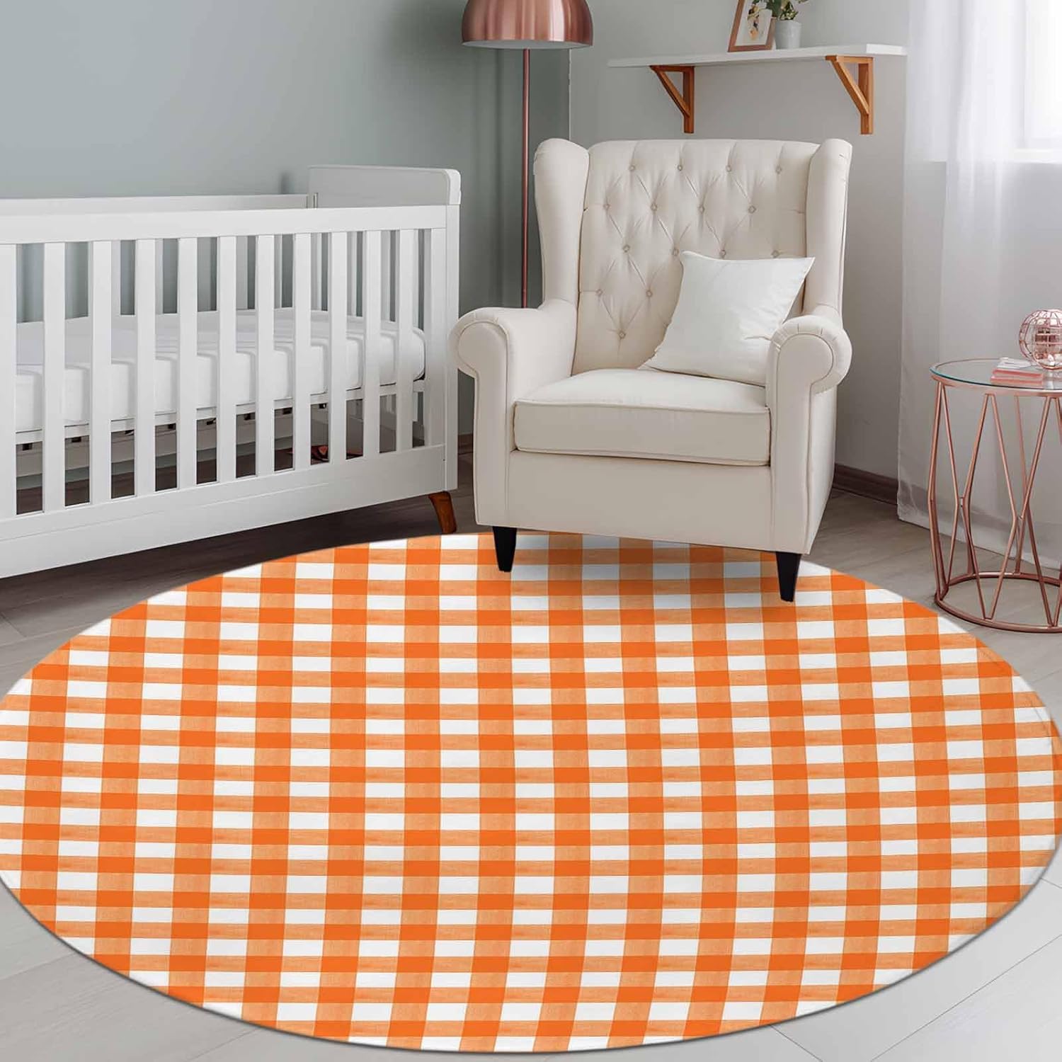 Round Area Rug,8ft Washable Circle Rugs Orange Buffalo Plaid Soft Non-Slip Carpet Indoor Floor Mat for Home Living Room Bedroom Office,Classic Gingham Check Watercolor