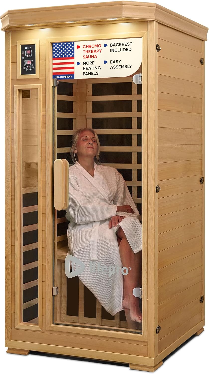 LifePro 1 Person Far Infrared Sauna for Home - Home Sauna, Tempered Glass Door, Oxygen Ionizer, & 7 Chromotherapy Lights for Indoor Sauna - Canadian Hemlock Wood Dry Sauna with Bluetooth Sound System