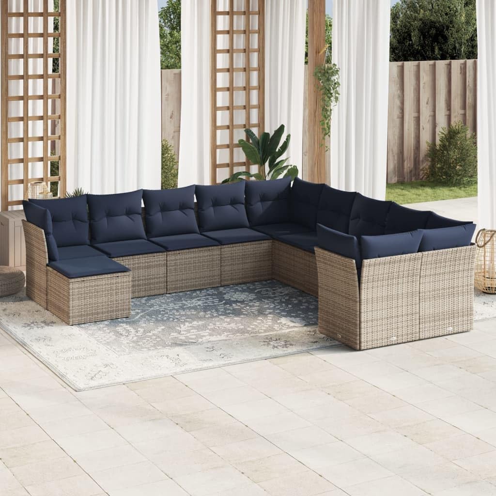 11 Piece Patio Sofa Set, Gray Poly Rattan Outdoor Furniture with Navy Cushions, Modular Sectional Seating for Garden Backyard Terrace