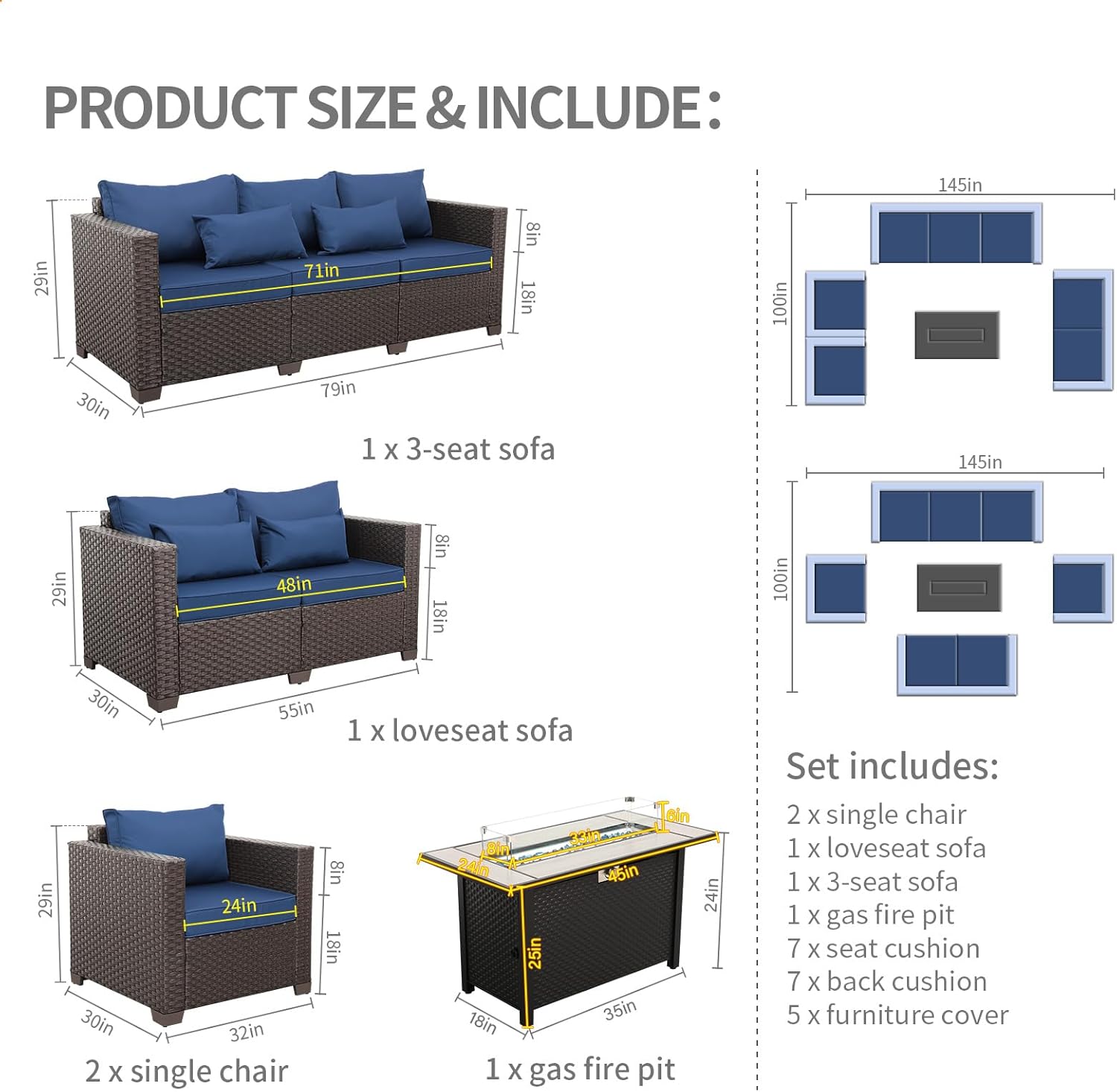 Rattaner 5-Piece Outdoor Patio Furniture 45 in Outdoor Fire Pits Patio Furniture Set 60000 BTU Outdoor Propane Fire Pit No-Slip Cushions Waterproof Covers, Navy Blue