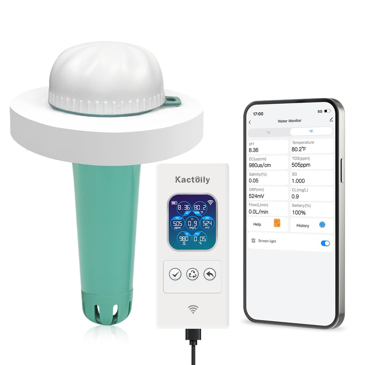 New Digital Pool Water Tester & Smart Pool Monitor for Chlorine, ORP, Salinity, pH, EC, TDS & Temp - 24/7 Pool Chemical Monitor for Hot Tubs, Pond & Spas