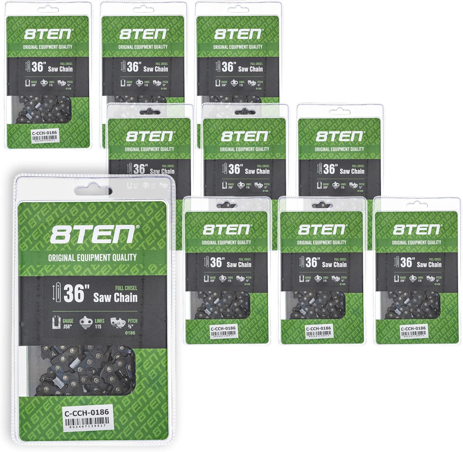 8TEN Full Chisel Chainsaw Chain 36 Inch .058 3/8 115DL for Husqvarna 591151515 501842815 (10 Pack)