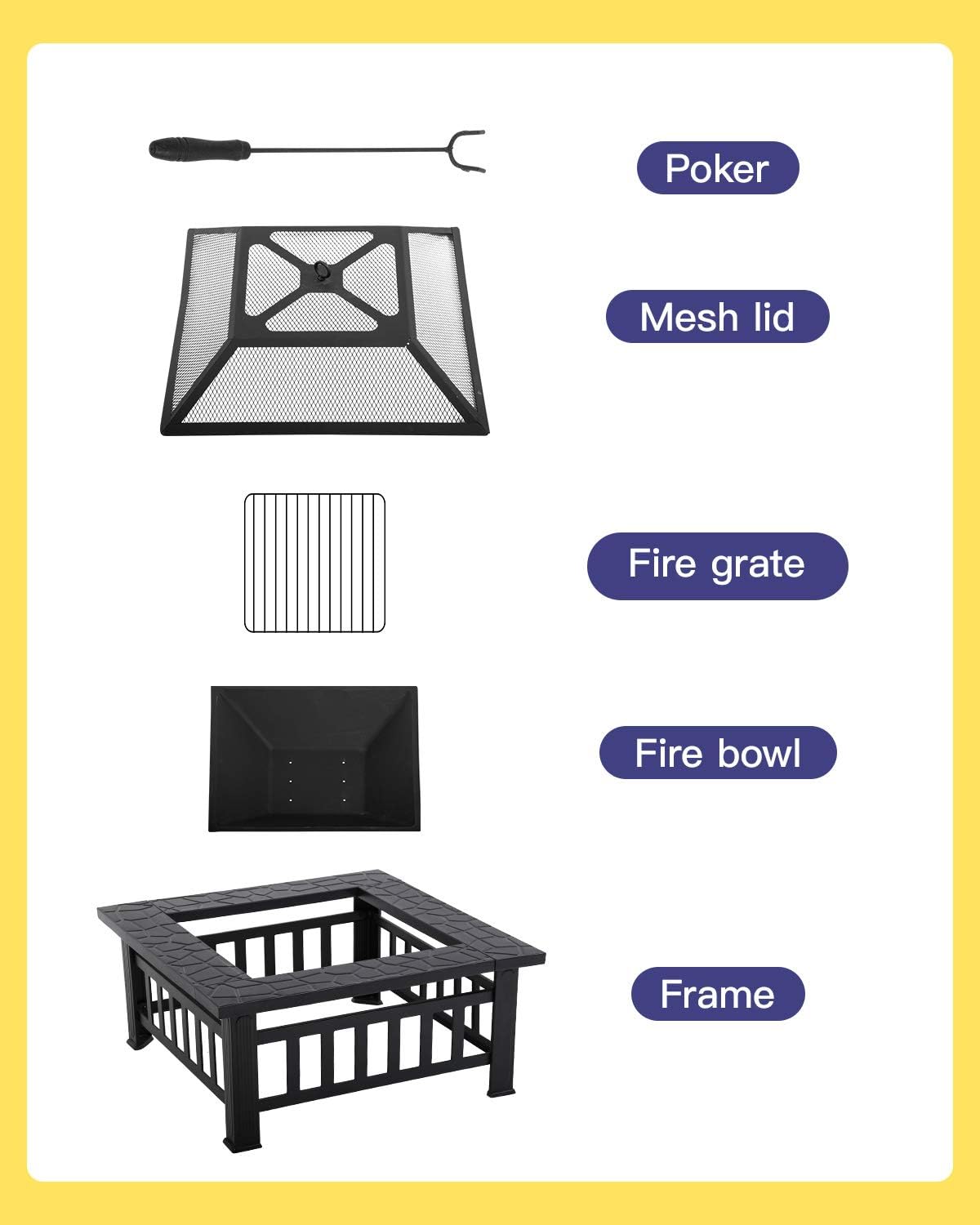 Outdoor Fire Pit 32 inch Square Metal Firepit for Patio Wood Burning Fireplace Garden Stove with Poker & Mesh Cover,Charcoal Rack for Camping Picnic Bonfire Backyard