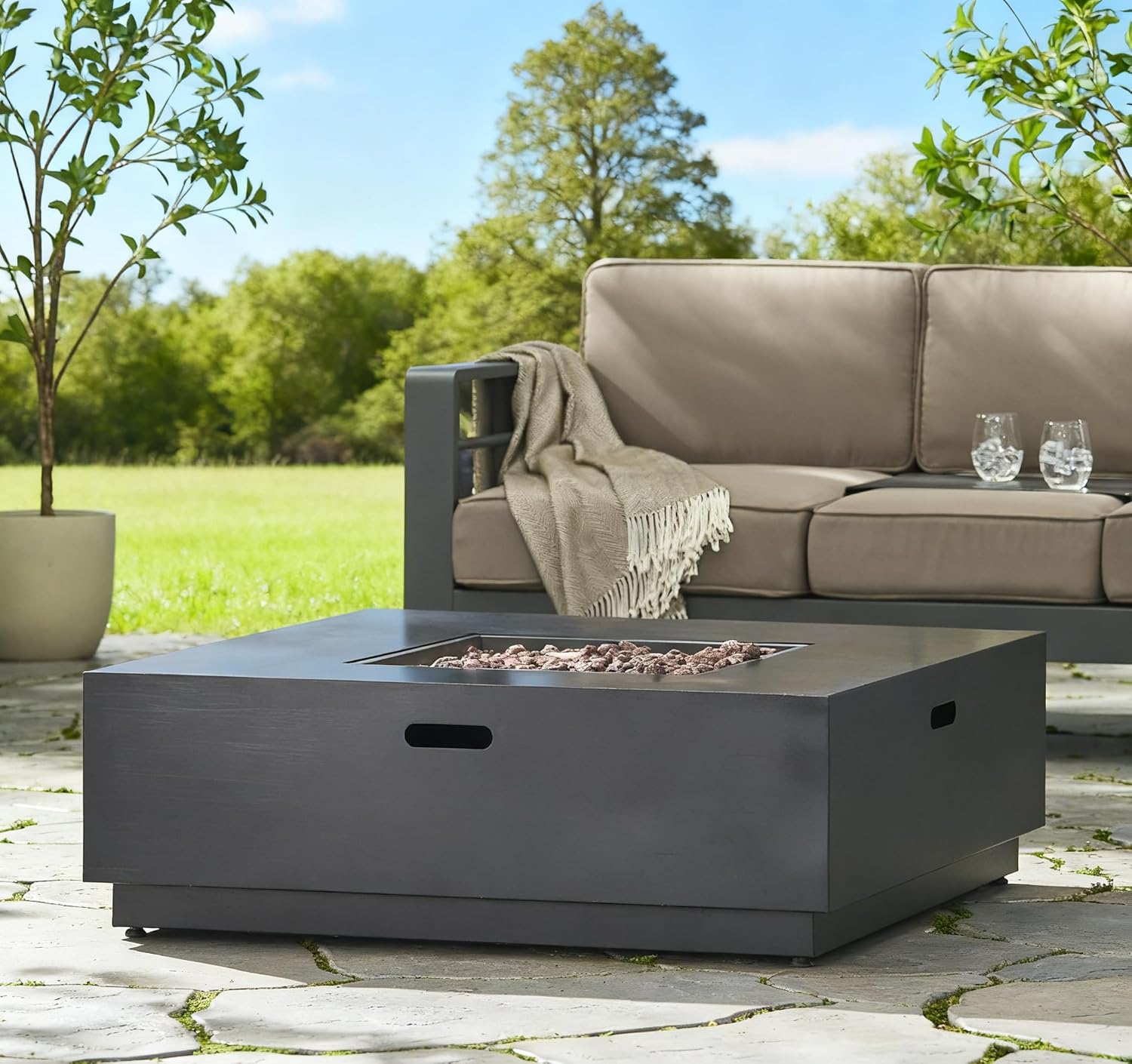 Square Propane Fire Pit Table, 50,000 BTU Outdoor Iron Fire Pit with Wood Pattern, 39 Inch Large Fire Pit for Patio Backyard Garden, Rustic Design for Outdoor & Indoor Gatherings, Only Table - Gray