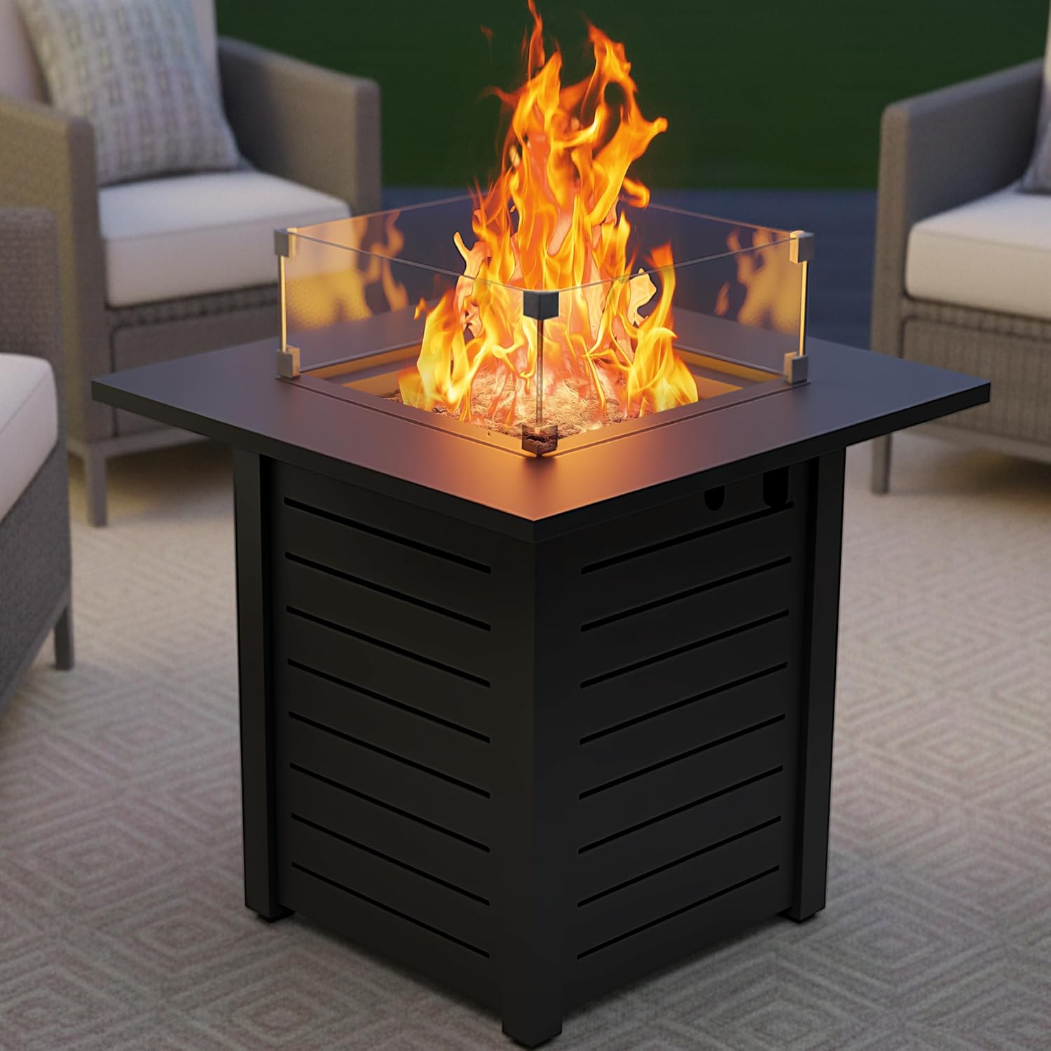 28 Inch Outdoor Propane Gas Fire Pit,50,000 BTU Gas Firepit Table with Steel Lid,304 Stainless Steel H-Burner,Lava Rocks and Wind Guard,Fire Pits for Outside Patio Deck Garden,Black