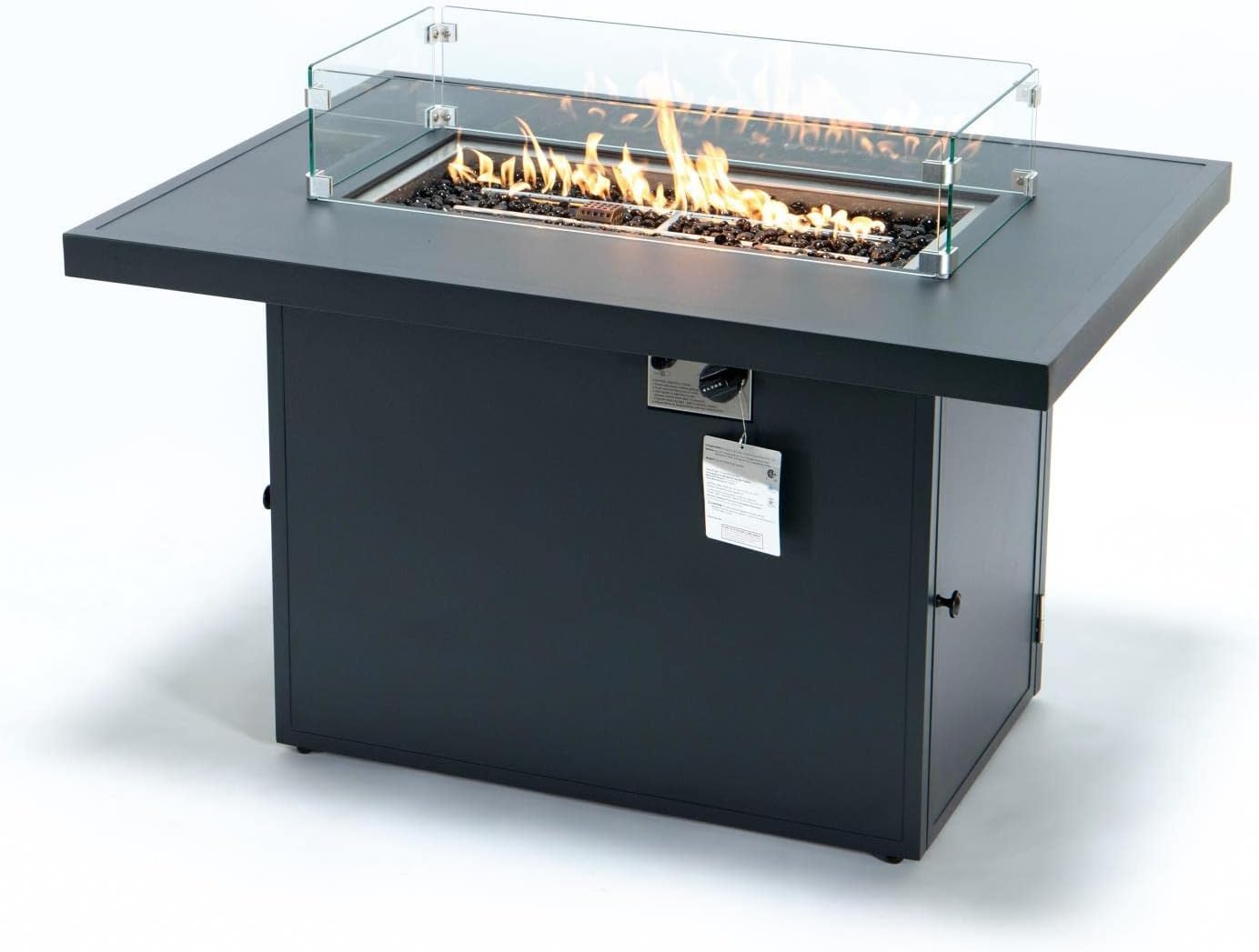 LeisureMod Chelsea Propane Fire Pit 44 Inch 55,000 BTU Auto-Ignition Gas Fire Pit Table with lid, Wind Guard and Decorative Stones Aluminum Frame