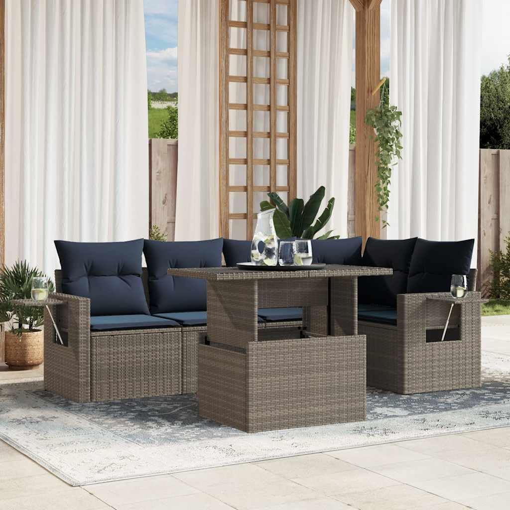 6 Piece Grey Poly Rattan Garden Sofa Set, Outdoor Patio Furniture with Cushions, Adjustable Table, UV-Resistant, Modular Design for Backyard