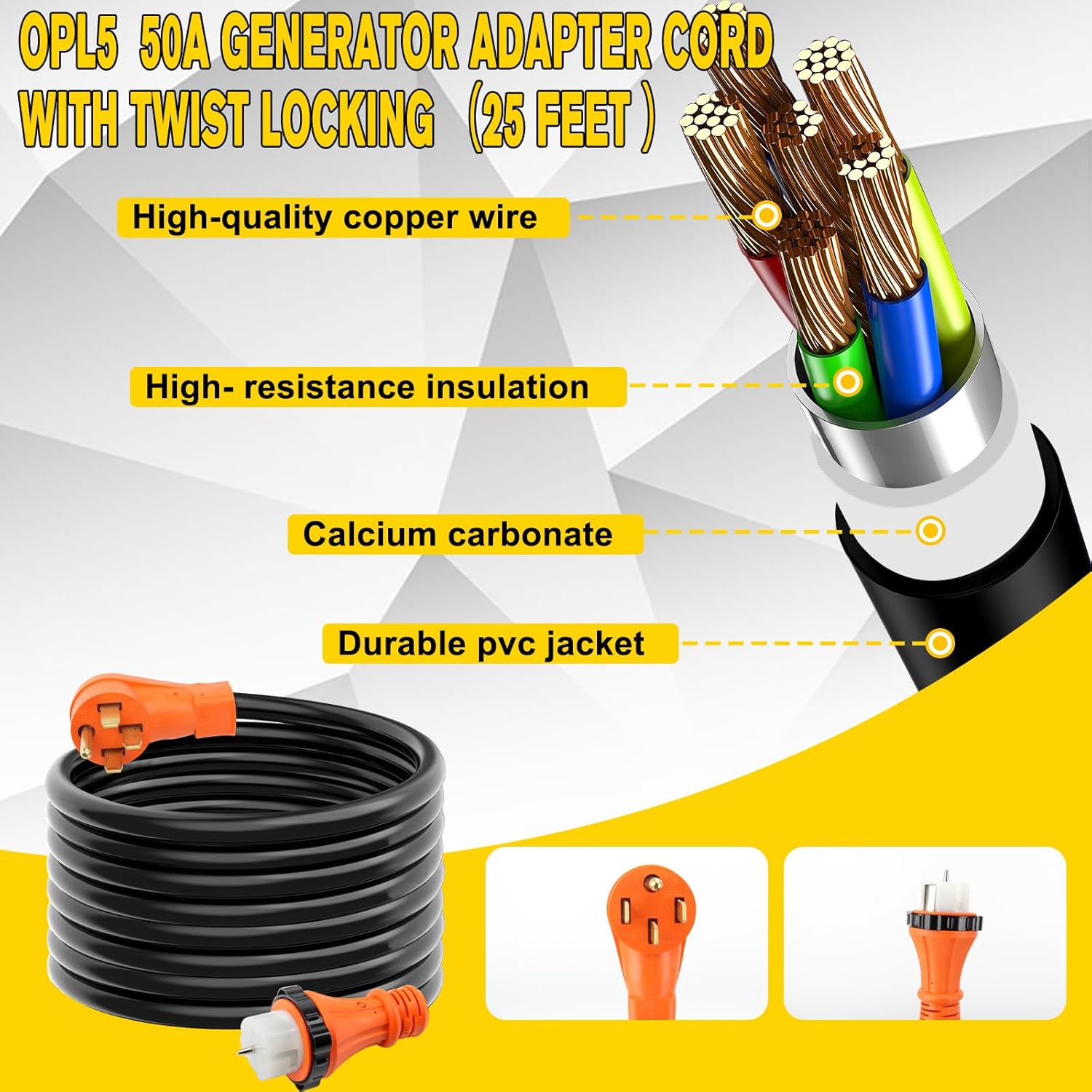 2 Years Warranty, OPL5 50 Amp Generator Cord 25FT and Power Inlet Box (Pre-Drilled),125/250 Volts, STW 6/3+8/1 AWG, NEMA 14-50P to SS2-50R Generator Cord Waterproof Combo Kit, ETL&CSA Listed (25FT)