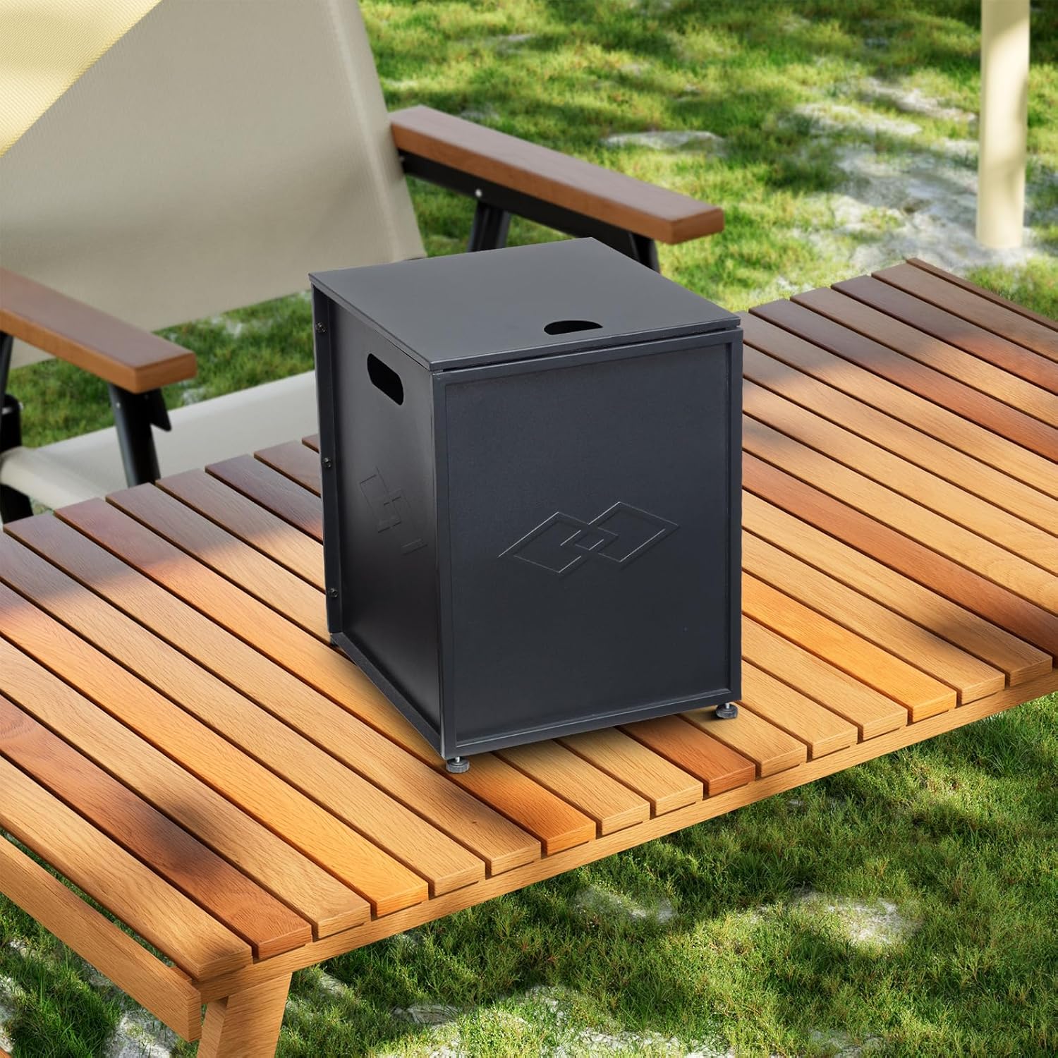 Propane Tank Cover, 20 Lbs Outdoor Propane Tank Storage Box, Stainless Steel Cylinder Hideaway Table with Side Handles, Tank Holder Storage Side Table for Gas Fire Pits, Black
