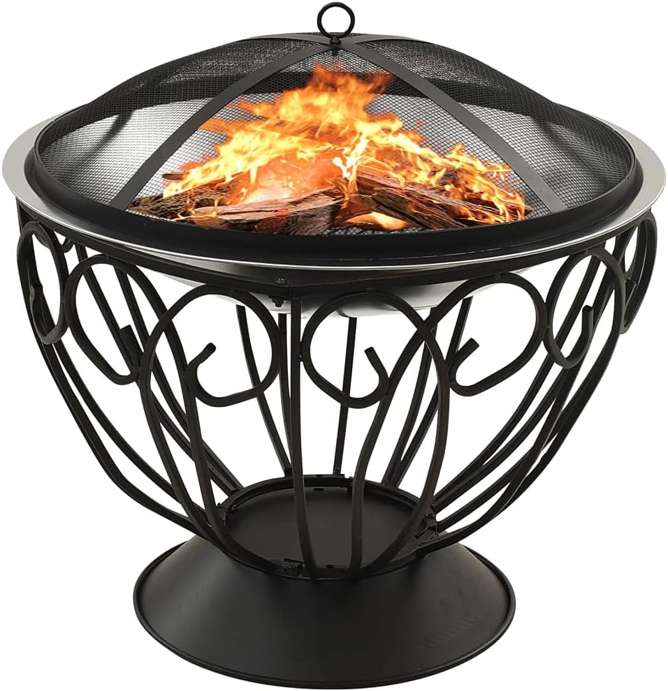 'vidaXL 2-in-1 Outdoor Fire Pit and BBQ with Mesh Cover and Poker - Stainless Steel Design - Silver 23.2
