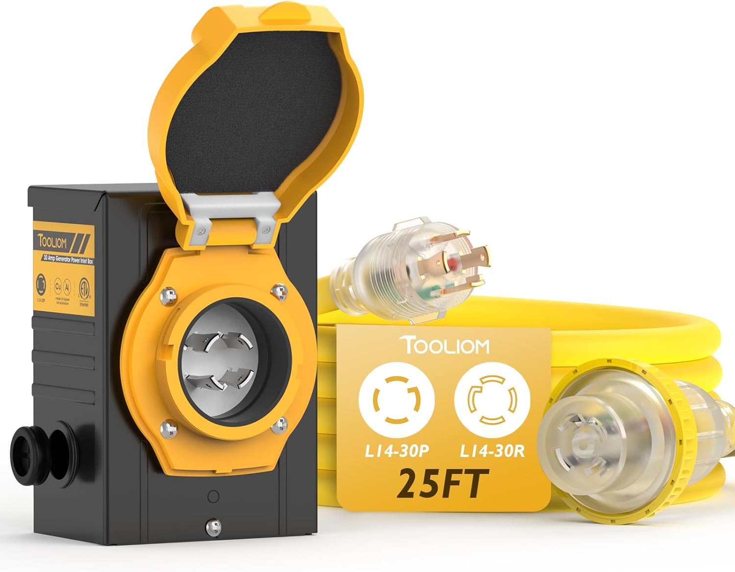 TOOLIOM 4 Prong 30 Amp Generator Cord 25FT and 30 Amp Power Inlet Box, Heavy Duty NEMA L14-30P to L14-30R Generator Extension Cord, 125/250V Up to 7500W 10 Gauge SJTW Generator Power Cord