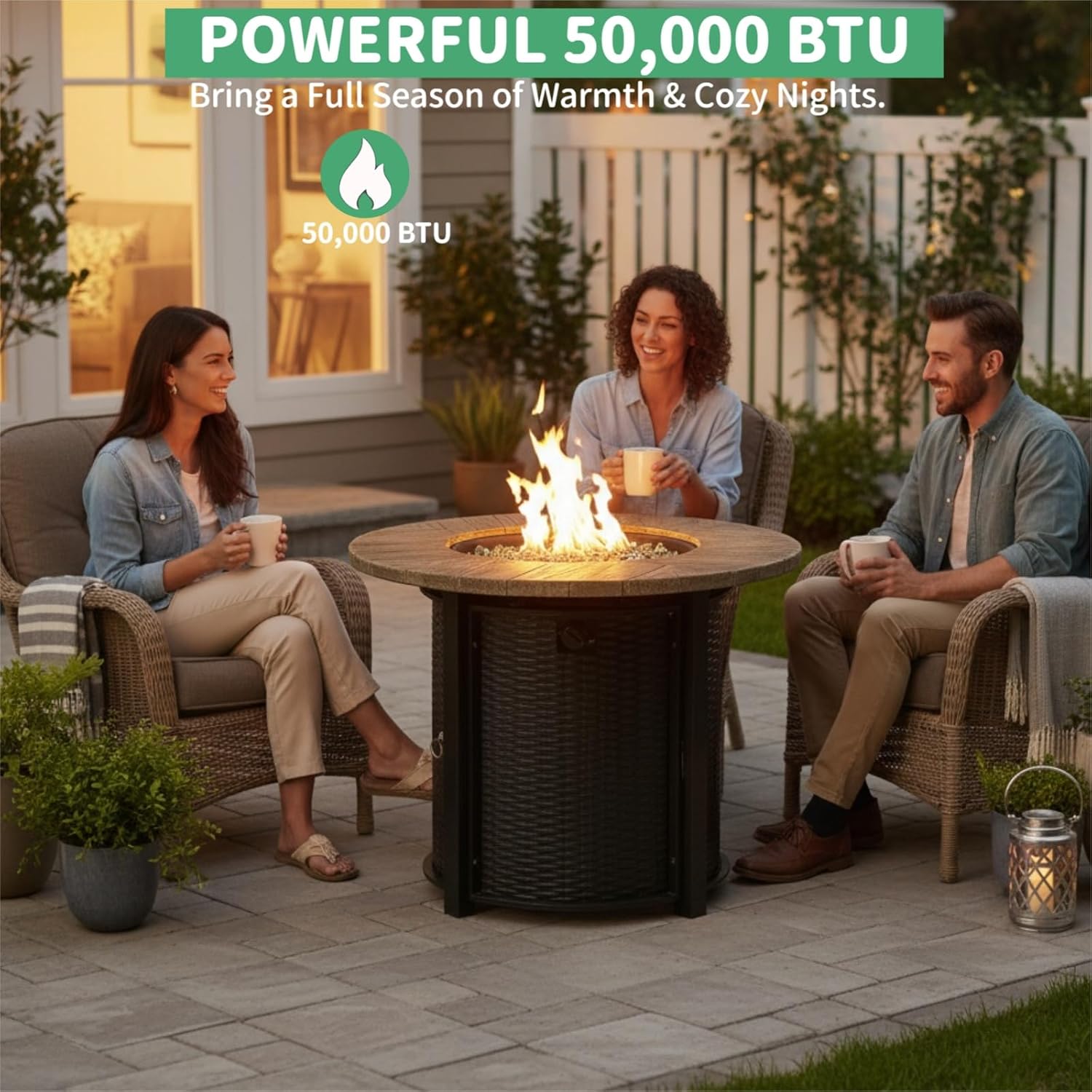 30 Inch Outdoor Propane Fire Pit Table,50000 BTU Steel Gas Firepit with with Woodgrain Top & Lava Rocks, Portable Round Patio Heater for Deck Garden Backyard