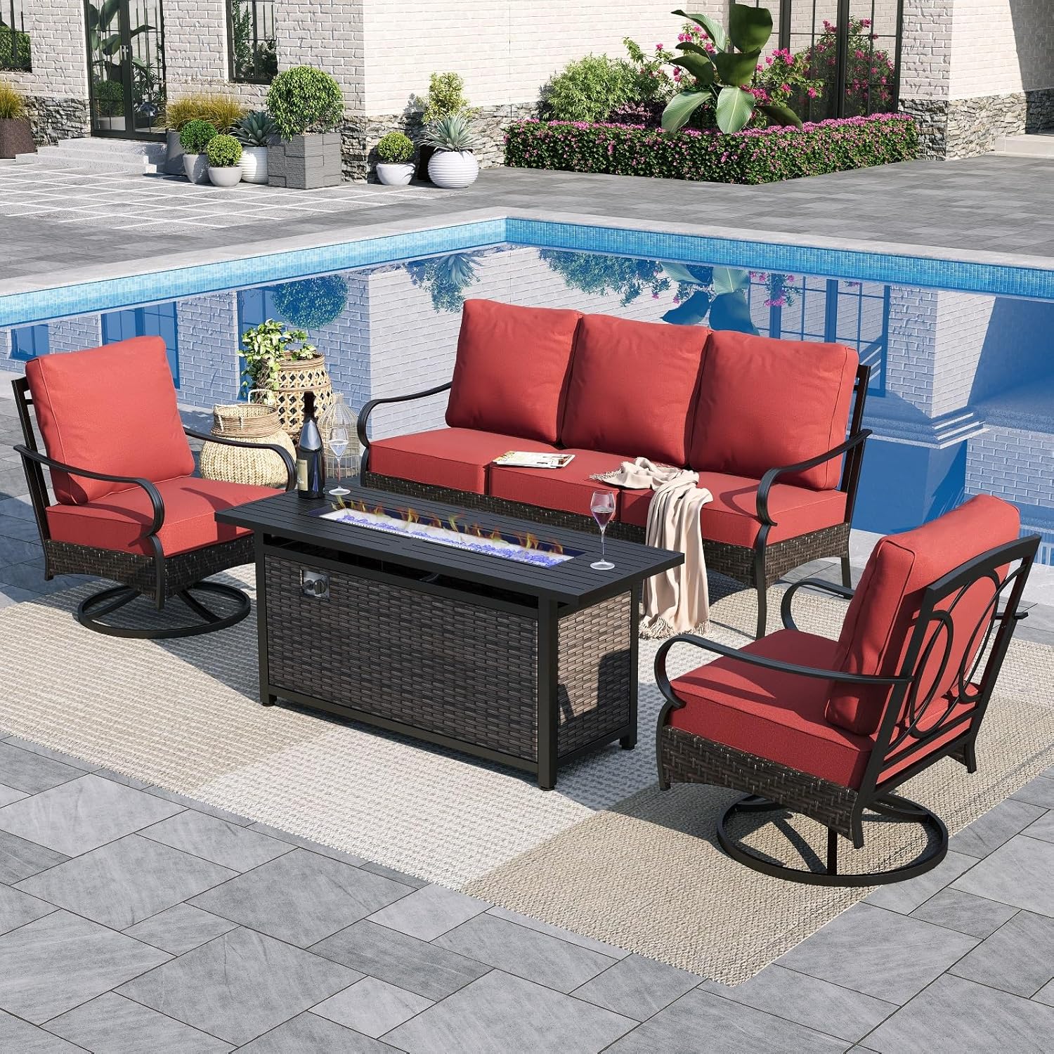 Sophia & William Patio Furniture Set with Fire Pit Table, 4 PCS Metal Outdoor Conversation Set with Fire Pit Table, 2 Swivel Chairs,3-Seater Couch for Outdoor Seating, Backyard, Porch(Red)