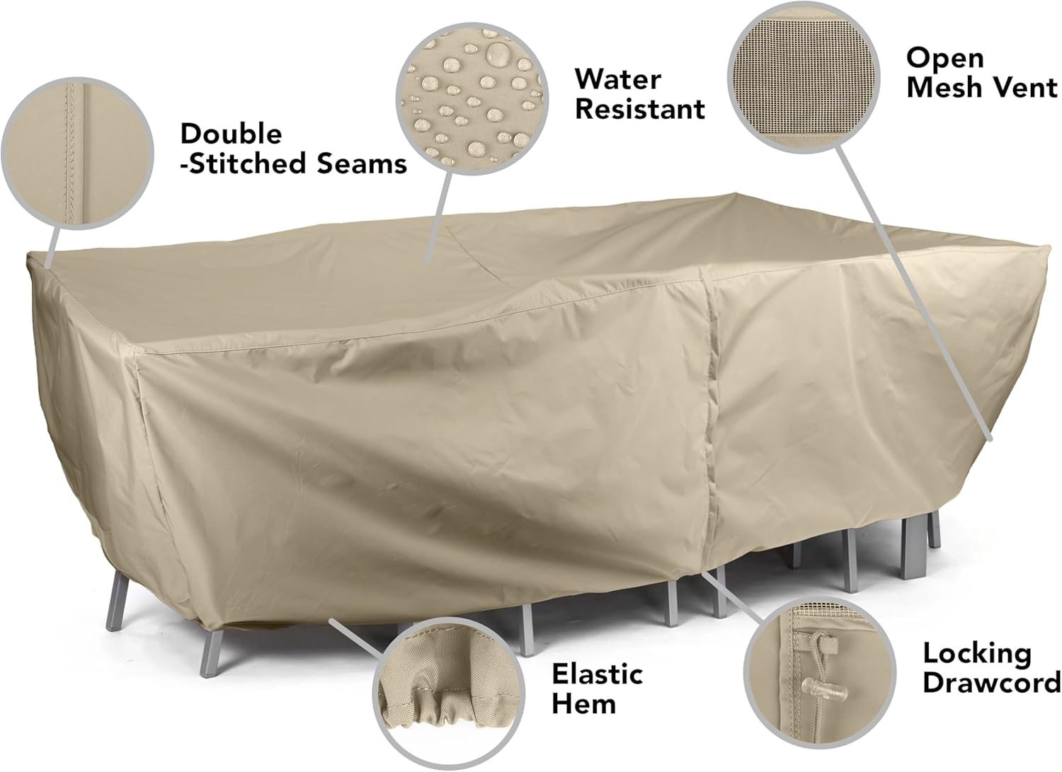 Covermates Elite Rectangular Fire Pit Chair Set Cover – Water-Resistant Outdoor Protection with Durable 300D Polyester, Mesh Air Vents & Adjustable Buckle Straps, Square 138W x 68D x 30H, Khaki